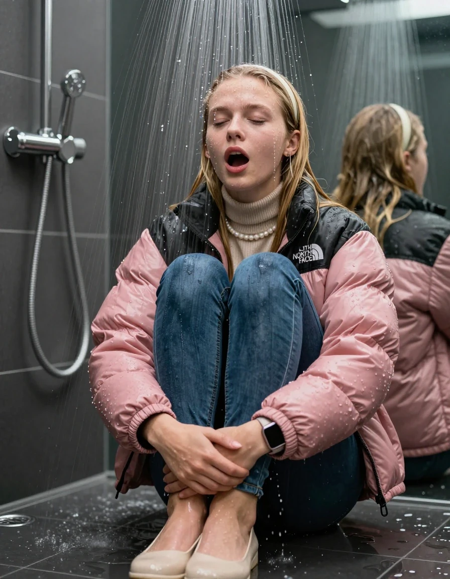 photo of young woman, in soaking wet, drenched clothes,
Pumps, glistening soaked tight skinny jeans , Glistening soaked pink Puffer down jacket from north face, beige tight knit turtleneck sweater belly free, shoulderbag, pearl necklace, smartwatch , 15-year-old teenage Girl sitting directly under a heavy powerful stream of water directely under shower in a modern mirrored  bathroom, 
enjoying, wet clothes stuck to body,
detailed textures of the wet clothes, wet face, wet plastered hair,
wet, drenched, professional, high-quality details, full body view.
sharp focus, ultra-high pixel detail, realistic, high-quality, full colors, incredibly detailed, 4k, 8k, 16k, hyper-realistic, RAW photo, masterpiece, ultra-detailed, professionally color graded, professional photograph, Behind view: 15-year-old teenage girl. looking up.
wet plastered hair. Blonde sleek long straight hair with a hairband with water cascading down her face and neck. Shocked  and astonished. Closed mouth, closed eyes. Looking at camera. Hold her Hands on her legs, pressed the knees together.

The Girls wear different clothes.

The lighting is bright and cinematic, highlighting the glistening water droplets on her skin and the saturated texture of her clothes.

her clothes are heavy from the water, water runs from her body and her clothes in streams. A lot of water also runs out of her clothes. Her clothes are darkened by the water. Her submerged clothes are clinging wet. 
soft atmospheric lighting reflecting off the surface, cinematic medium shot, hyper-realistic wetness, high-contrast water sheen, 8k resolution, sharp focus, detailed skin texture., wet skin, wet clothes, damp fabric,, wet skin, wet clothes, damp fabric, wet skin, wet clothes, damp fabric, wet skin, wet clothes, damp fabric, wet skin, wet clothes, damp fabric, wet skin, wet clothes, damp fabric, wet skin, wet clothes, damp fabric, wet skin, wet clothes, damp fabric, wet skin, wet clothes, damp fabric, wet skin, wet clothes, damp fabric, wet skin, wet clothes, damp fabric, wet skin, wet clothes, damp fabric