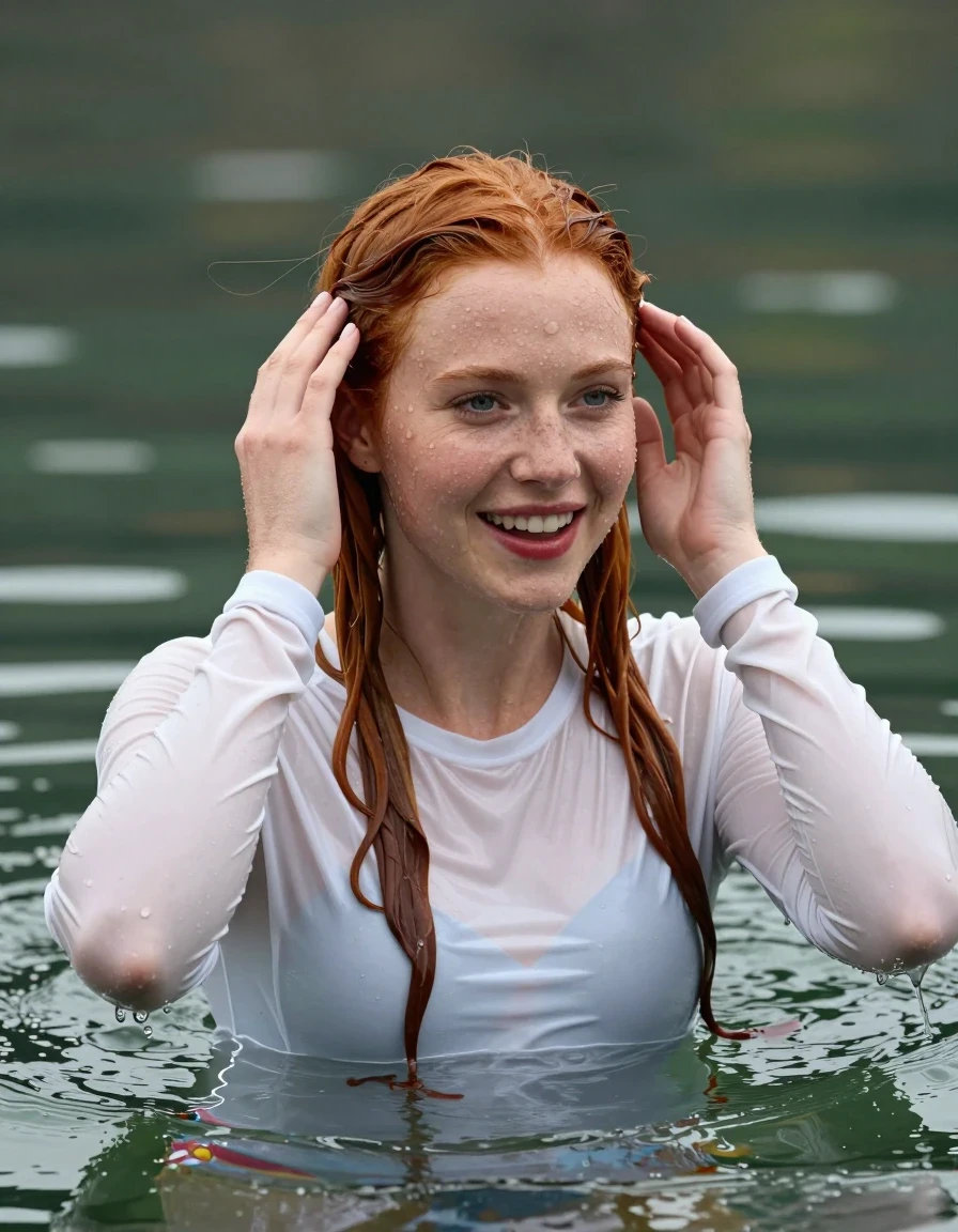 photo of young woman, in soaking wet, drenched clothes,
White longsleeves, Swimming in lake, 
enjoying, wet clothes stuck to body,
detailed textures of the wet clothes, wet face, wet plastered hair,
wet, drenched, professional, high-quality details, full body view.
sharp focus, ultra-high pixel detail, realistic, high-quality, full colors, incredibly detailed, 4k, 8k, 16k, hyper-realistic, RAW photo, masterpiece, ultra-detailed, professionally color graded, professional photograph, Young girl swimming totally submerged up of shoulders in lake smiling, upping hands, blue eyes, long red hair, red lipstick, wet skin, wet clothes, damp fabric
