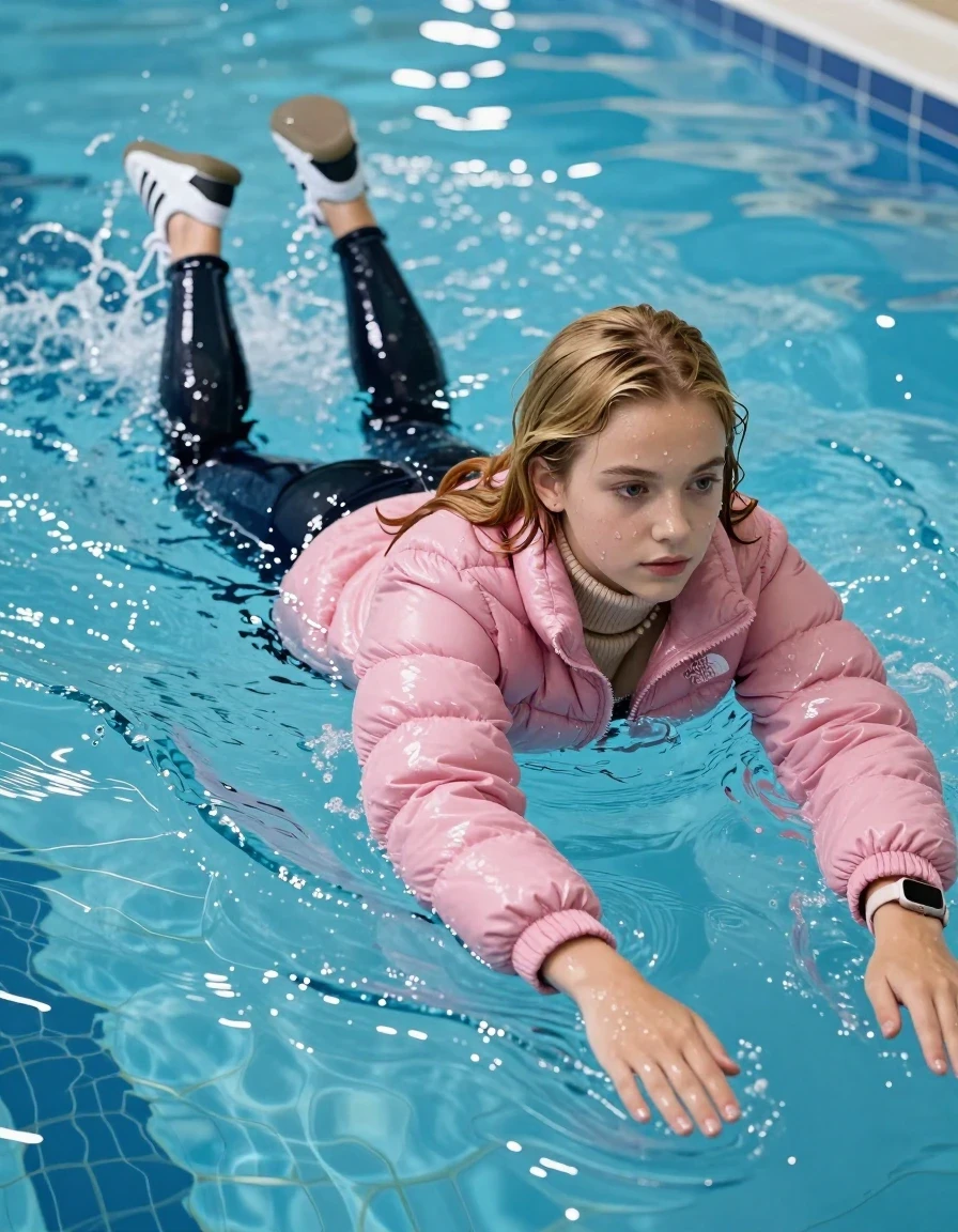 photo of young woman, in soaking wet, drenched clothes,
White sneakers from Adidas Samba black striped , glistening soaked tight black skinny jeans , Glistening soaked pink Puffer down jacket from north face, beige tight knit turtleneck sweater belly free, shoulderbag, pearl necklace, smartwatch , Pool, 
enjoying, wet clothes stuck to body,
detailed textures of the wet clothes, wet face, wet plastered hair,
wet, drenched, professional, high-quality details, full body view.
sharp focus, ultra-high pixel detail, realistic, high-quality, full colors, incredibly detailed, 4k, 8k, 16k, hyper-realistic, RAW photo, masterpiece, ultra-detailed, professionally color graded, professional photograph, A realistic vertical fashion photograph of an  15-year-old teenage Girl  with blonde sleek long straight hair swimming breaststroke in a clear blue swimming pool. The girl is positioned in the center of the frame, her head and shoulders visible above the shimmering water surface, while her body and legs are submerged below. She is captured in a dynamic swimming motion with her arms reaching forward. Natural sunlight creates sparkling reflections on the water's surface. High-quality fashion photography, sharp focus on her face, serene expression, cinematic lighting. The depicted adult woman has shoulder-length dark auburn hair. Show her face clearly toward the camera at a mild three-quarter angle, large enough for a natural portrait face reference., wet skin, wet clothes, damp fabric