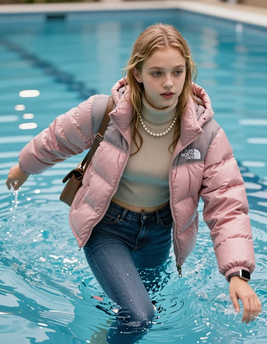 photo of young woman, in soaking wet, drenched clothes,
, Glistening soaked tight skinny jeans, Glistening soaked pink Puffer down jacket from north face, beige tight knit turtleneck sweater belly free, shoulderbag, pearl necklace, smartwatch , Pool, 
enjoying, wet clothes stuck to body,
detailed textures of the wet clothes, wet face, wet plastered hair,
wet, drenched, professional, high-quality details, full body view.
sharp focus, ultra-high pixel detail, realistic, high-quality, full colors, incredibly detailed, 4k, 8k, 16k, hyper-realistic, RAW photo, masterpiece, ultra-detailed, professionally color graded, professional photograph, A realistic vertical fashion photograph of an  15-year-old teenage Girl  with blonde sleek long straight hair standing in a clear blue swimming pool. The girl is positioned in the center of the frame, her head and shoulders visible above the shimmering water surface, while her body and legs are submerged below. She is captured in a dynamic swimming motion with her arms reaching forward. Natural sunlight creates sparkling reflections on the water's surface. High-quality fashion photography, sharp focus on her face, she Looks at camera, serene expression, cinematic lighting. The depicted adult woman has shoulder-length dark auburn hair. Show her face clearly toward the camera at a mild three-quarter angle, large enough for a natural portrait face reference., wet skin, wet clothes, damp fabric
