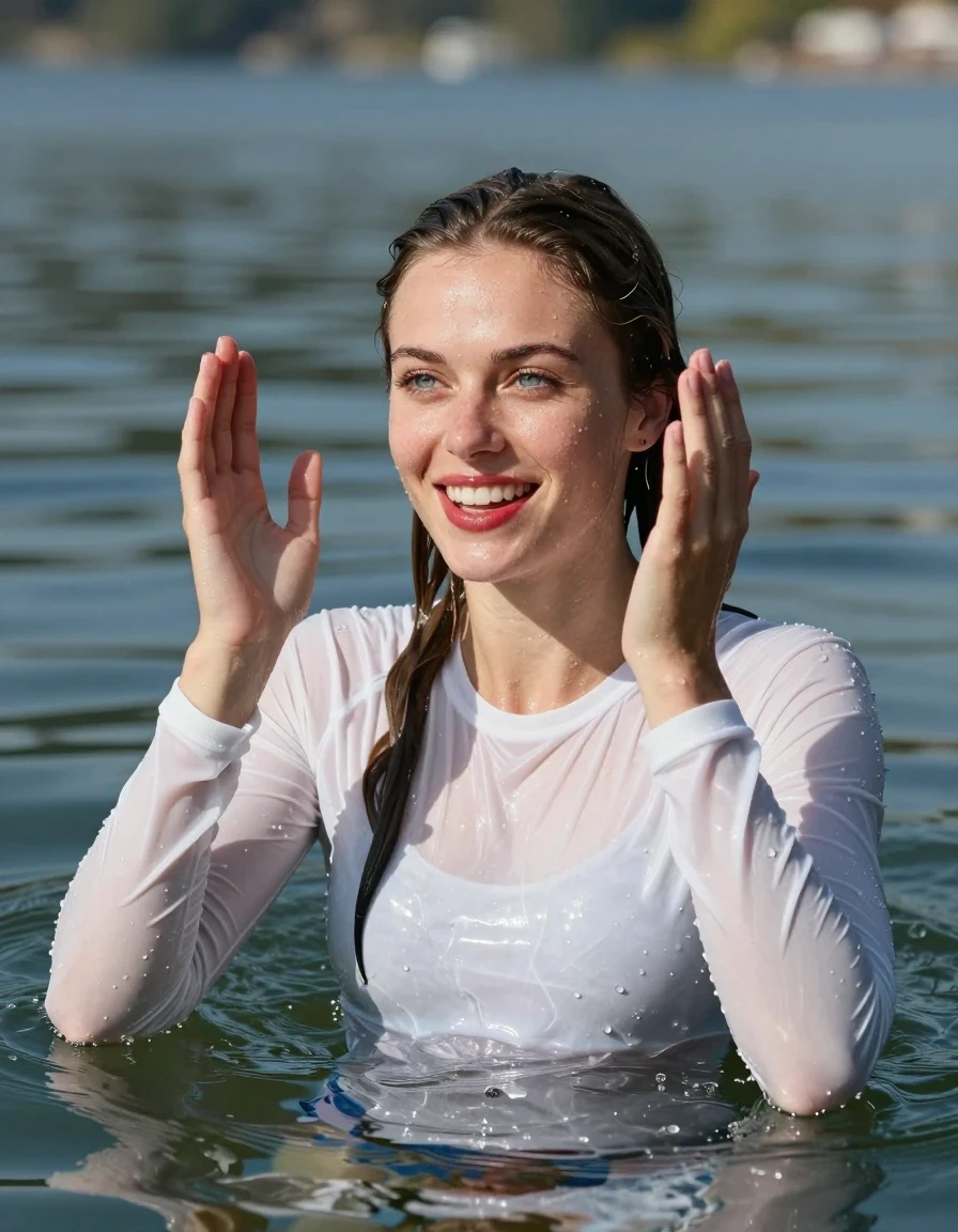 photo of young woman, in soaking wet, drenched clothes,
White longsleeves, Swimming in lake, 
enjoying, wet clothes stuck to body,
detailed textures of the wet clothes, wet face, wet plastered hair,
wet, drenched, professional, high-quality details, full body view.
sharp focus, ultra-high pixel detail, realistic, high-quality, full colors, incredibly detailed, 4k, 8k, 16k, hyper-realistic, RAW photo, masterpiece, ultra-detailed, professionally color graded, professional photograph, Young girl swimming submerged up of shoulders in lake smiling, upping hands, blue eyes, long hair, red lipstick, wet skin, wet clothes, damp fabric