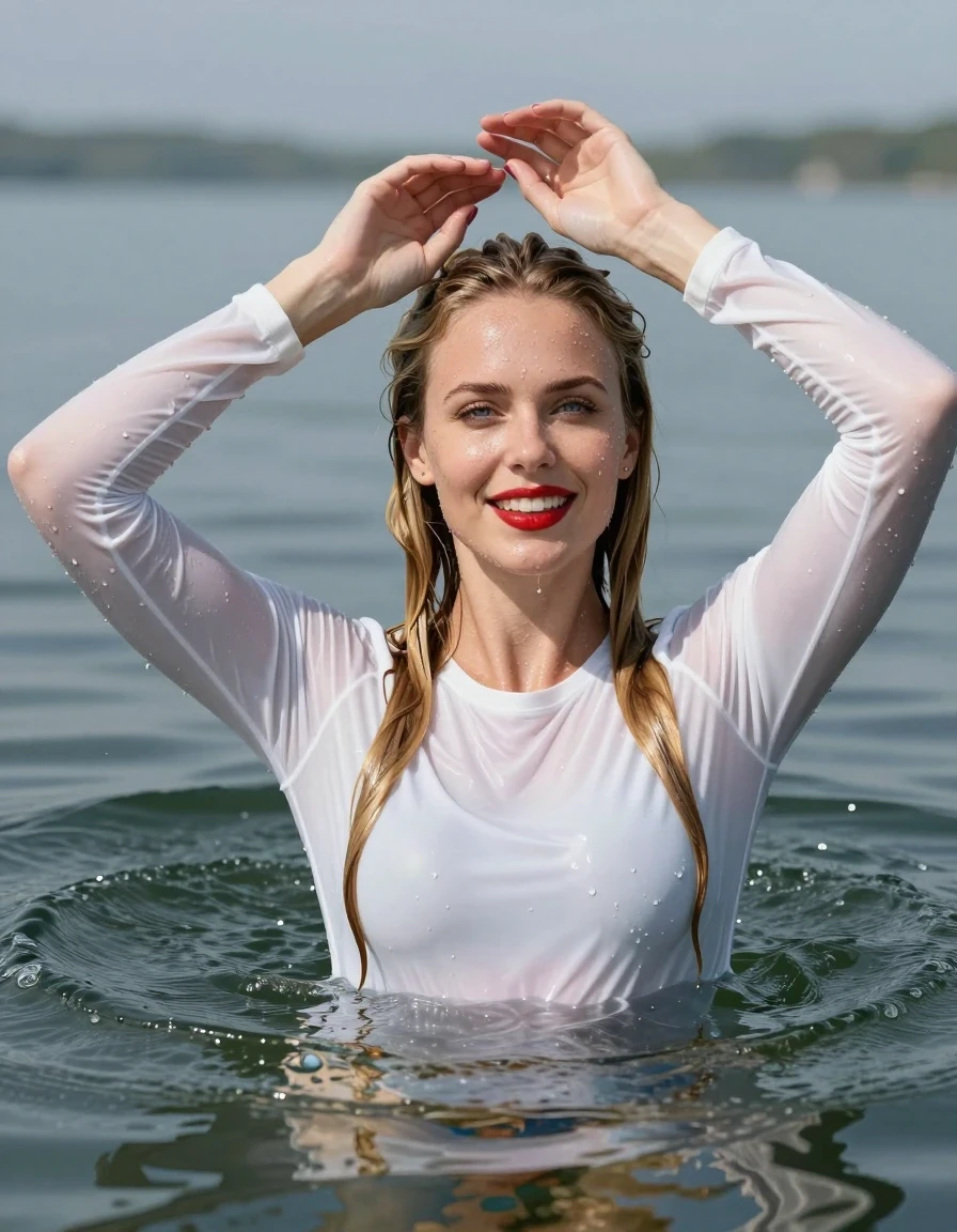 photo of young woman, in soaking wet, drenched clothes,
White longsleeves, Swimming in lake, 
enjoying, wet clothes stuck to body,
detailed textures of the wet clothes, wet face, wet plastered hair,
wet, drenched, professional, high-quality details, full body view.
sharp focus, ultra-high pixel detail, realistic, high-quality, full colors, incredibly detailed, 4k, 8k, 16k, hyper-realistic, RAW photo, masterpiece, ultra-detailed, professionally color graded, professional photograph, Young girl swimming totally submerged up of shoulders in lake smiling, upping hands, blue eyes, long blond hair, red lipstick, wet skin, wet clothes, damp fabric