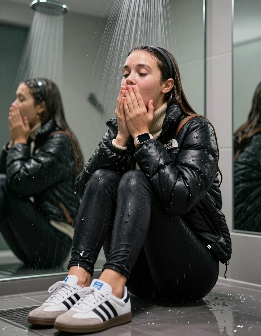 photo of young woman, in soaking wet, drenched clothes,
Totally Soaked White sneakers from Adidas Samba black striped , glistening soaked tight black skinny jeans , Glistening soaked black Puffer down jacket from north face, beige tight knit turtleneck sweater belly free, shoulderbag, pearl necklace, smartwatch , 15-year-old teenage Girl sitting directly under a heavy powerful stream of water directely under shower in a modern mirrored  bathroom, 
enjoying, wet clothes stuck to body,
detailed textures of the wet clothes, wet face, wet plastered hair,
wet, drenched, professional, high-quality details, full body view.
sharp focus, ultra-high pixel detail, realistic, high-quality, full colors, incredibly detailed, 4k, 8k, 16k, hyper-realistic, RAW photo, masterpiece, ultra-detailed, professionally color graded, professional photograph, Behind view: 15-year-old teenage girl. looking  up.
wet plastered hair.  sleek long straight hair with a hairband with water cascading down her face and neck. Shocked  and astonished. Open mouth, closed eyes. Looking at camera. Hold her Hands on her mouth, pressed the knees together.

The Girls wear different clothes.

The lighting is bright and cinematic, highlighting the glistening water droplets on her skin and the saturated texture of her clothes.

her clothes are heavy from the water, water runs from her body and her clothes in streams. A lot of water also runs out of her clothes. Her clothes are darkened by the water. Her submerged clothes are clinging wet. 
soft atmospheric lighting reflecting off the surface, cinematic medium shot, hyper-realistic wetness, high-contrast water sheen, 8k resolution, sharp focus, detailed skin texture., wet skin, wet clothes, damp fabric,, wet skin, wet clothes, damp fabric, wet skin, wet clothes, damp fabric, wet skin, wet clothes, damp fabric, wet skin, wet clothes, damp fabric, wet skin, wet clothes, damp fabric, wet skin, wet clothes, damp fabric, wet skin, wet clothes, damp fabric, wet skin, wet clothes, damp fabric, wet skin, wet clothes, damp fabric, wet skin, wet clothes, damp fabric, wet skin, wet clothes, damp fabric