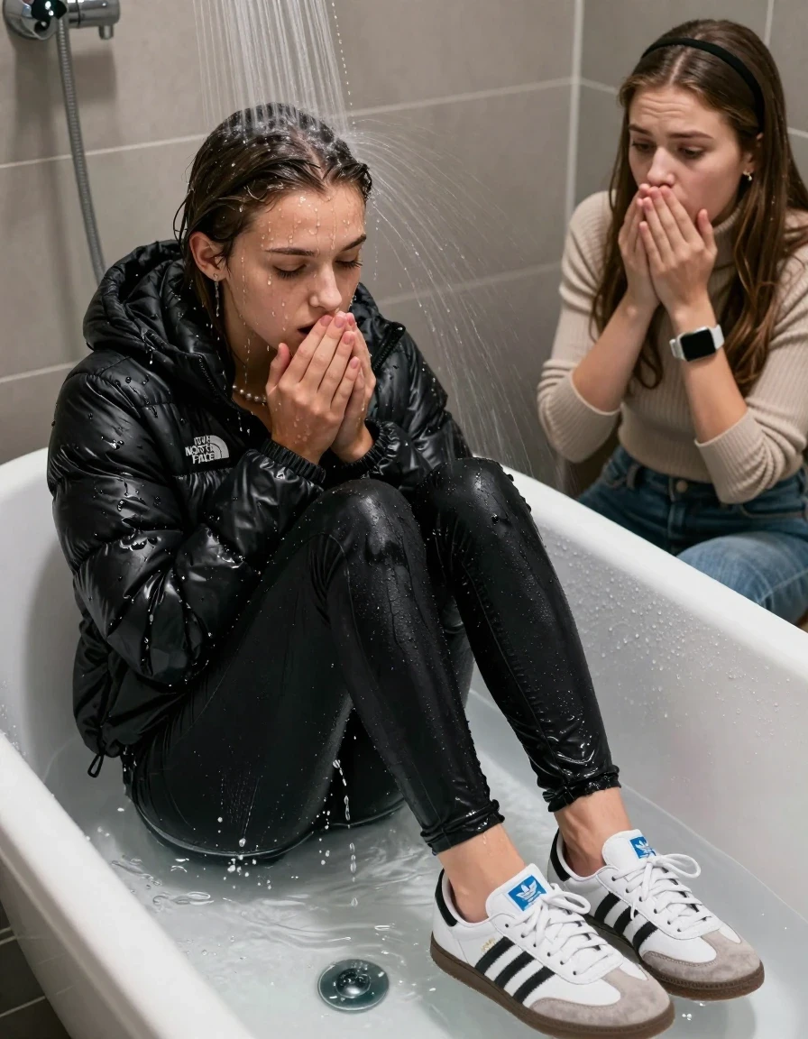 photo of young woman, in soaking wet, drenched clothes,
Totally Soaked White sneakers from Adidas Samba black striped , glistening soaked tight black skinny jeans , Glistening soaked black Puffer down jacket from north face, beige tight knit turtleneck sweater belly free, shoulderbag, pearl necklace, smartwatch , 15-year-old teenage Girl relaxing directly under a heavy powerful stream of water in a bathtube of a modern bathroom, a shocked friend sits beside the tube and watching her, 
enjoying, wet clothes stuck to body,
detailed textures of the wet clothes, wet face, wet plastered hair,
wet, drenched, professional, high-quality details, full body view.
sharp focus, ultra-high pixel detail, realistic, high-quality, full colors, incredibly detailed, 4k, 8k, 16k, hyper-realistic, RAW photo, masterpiece, ultra-detailed, professionally color graded, professional photograph, Behind view: 15-year-old teenage girl. looking  down.
wet plastered hair.  sleek long straight hair with a hairband with water cascading down her face and neck. Shocked  and astonished. closed eyes. Looking at camera. Hold her Hands on her mouth

The Girls wear different clothes.

The lighting is bright and cinematic, highlighting the glistening water droplets on her skin and the saturated texture of her clothes.

The water jet hits her head directly, her clothes are heavy from the water, water runs from her body and her clothes in streams. A lot of water also runs out of her clothes. Her clothes are darkened by the water. Her submerged clothes are clinging wet. 
soft atmospheric lighting reflecting off the surface, cinematic medium shot, hyper-realistic wetness, high-contrast water sheen, 8k resolution, sharp focus, detailed skin texture., wet skin, wet clothes, damp fabric,, wet skin, wet clothes, damp fabric, wet skin, wet clothes, damp fabric, wet skin, wet clothes, damp fabric, wet skin, wet clothes, damp fabric, wet skin, wet clothes, damp fabric, wet skin, wet clothes, damp fabric, wet skin, wet clothes, damp fabric, wet skin, wet clothes, damp fabric, wet skin, wet clothes, damp fabric, wet skin, wet clothes, damp fabric, wet skin, wet clothes, damp fabric