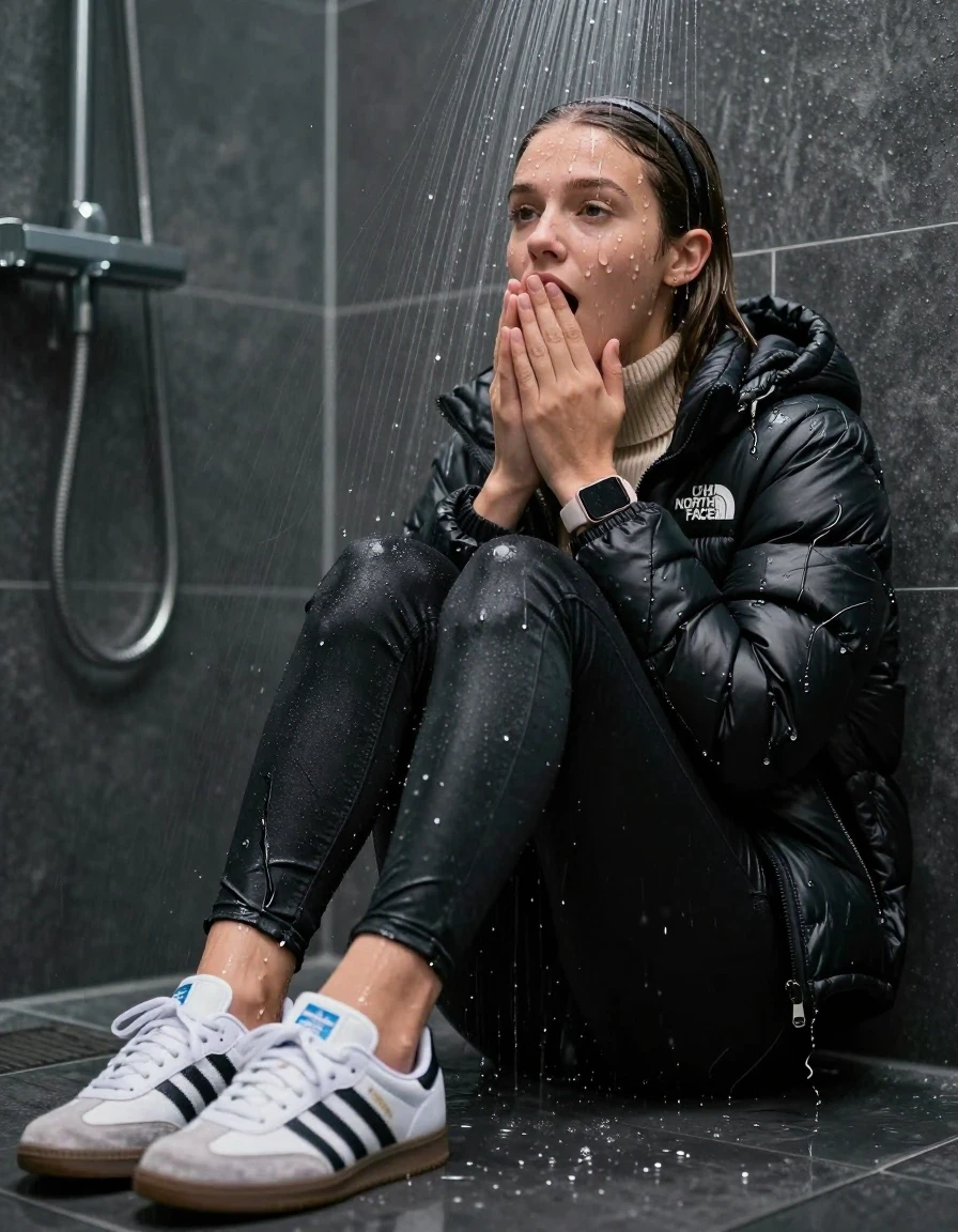 photo of young woman, in soaking wet, drenched clothes,
Totally Soaked White sneakers from Adidas Samba black striped , glistening soaked tight black skinny jeans , Glistening soaked black Puffer down jacket from north face, beige tight knit turtleneck sweater belly free, shoulderbag, pearl necklace, smartwatch , 15-year-old teenage Girl lying directly under a heavy powerful stream of water directely under shower in a modern mirrored  bathroom, 
enjoying, wet clothes stuck to body,
detailed textures of the wet clothes, wet face, wet plastered hair,
wet, drenched, professional, high-quality details, full body view.
sharp focus, ultra-high pixel detail, realistic, high-quality, full colors, incredibly detailed, 4k, 8k, 16k, hyper-realistic, RAW photo, masterpiece, ultra-detailed, professionally color graded, professional photograph, Behind view: 15-year-old teenage girl. looking  up.
wet plastered hair.  sleek long straight hair with a hairband with water cascading down her face and neck. Shocked  and astonished. Open mouth, closed eyes. Looking at camera. Hold her Hands on her mouth, pressed the knees together.

The Girls wear different clothes.

The lighting is bright and cinematic, highlighting the glistening water droplets on her skin and the saturated texture of her clothes.

her clothes are heavy from the water, water runs from her body and her clothes in streams. A lot of water also runs out of her clothes. Her clothes are darkened by the water. Her submerged clothes are clinging wet. 
soft atmospheric lighting reflecting off the surface, cinematic medium shot, hyper-realistic wetness, high-contrast water sheen, 8k resolution, sharp focus, detailed skin texture., wet skin, wet clothes, damp fabric,, wet skin, wet clothes, damp fabric, wet skin, wet clothes, damp fabric, wet skin, wet clothes, damp fabric, wet skin, wet clothes, damp fabric, wet skin, wet clothes, damp fabric, wet skin, wet clothes, damp fabric, wet skin, wet clothes, damp fabric, wet skin, wet clothes, damp fabric, wet skin, wet clothes, damp fabric, wet skin, wet clothes, damp fabric, wet skin, wet clothes, damp fabric