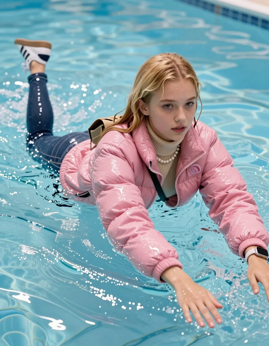 photo of young woman, in soaking wet, drenched clothes,
White sneakers Adidas Samba blackstriped, Glistening soaked tight skinny jeans, Glistening soaked pink Puffer down jacket from north face, beige tight knit turtleneck sweater belly free, shoulderbag, pearl necklace, smartwatch , Pool, 
enjoying, wet clothes stuck to body,
detailed textures of the wet clothes, wet face, wet plastered hair,
wet, drenched, professional, high-quality details, full body view.
sharp focus, ultra-high pixel detail, realistic, high-quality, full colors, incredibly detailed, 4k, 8k, 16k, hyper-realistic, RAW photo, masterpiece, ultra-detailed, professionally color graded, professional photograph, A realistic vertical fashion photograph of an  15-year-old teenage Girl  with blonde sleek long straight hair emerge in a clear blue swimming pool. The girl is positioned in the center of the frame, her head and shoulders visible above the shimmering water surface, while her body and legs are submerged below. She is captured in a dynamic swimming motion with her arms reaching forward. Natural sunlight creates sparkling reflections on the water's surface. High-quality fashion photography, sharp focus on her face, she Looks at camera, serene expression, cinematic lighting. Show her face clearly toward the camera at a mild three-quarter angle, large enough for a natural portrait face reference., wet skin, wet clothes, damp fabric