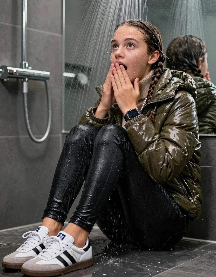 photo of young woman, in soaking wet, drenched clothes,
White sneakers from Adidas Samba black striped , glistening soaked tight black skinny jeans , Glistening soaked olive shiny Puffer down jacket from monclare, beige tight knit turtleneck sweater belly free, shoulderbag, pearl necklace, smartwatch , 15-year-old teenage Girl sitting directly under a heavy powerful stream of water directely under shower in a modern mirrored  bathroom, 
enjoying, wet clothes stuck to body,
detailed textures of the wet clothes, wet face, wet plastered hair,
wet, drenched, professional, high-quality details, full body view.
sharp focus, ultra-high pixel detail, realistic, high-quality, full colors, incredibly detailed, 4k, 8k, 16k, hyper-realistic, RAW photo, masterpiece, ultra-detailed, professionally color graded, professional photograph, Behind view: 15-year-old teenage girl. looking up.
wet plastered hair. Brunette sleek braids with water cascading down her face and neck. Surprised and astonished. Looking at camera. Hold one hand on mouth. pressed the knees together. Take a Selfie.

The Girls wear different clothes.

The lighting is bright and cinematic, highlighting the glistening water droplets on her skin and the saturated texture of her clothes.

her clothes are heavy from the water, water runs from her body and her clothes in streams. A lot of water also runs out of her clothes. Her clothes are darkened by the water. Her submerged clothes are clinging wet. 
soft atmospheric lighting reflecting off the surface, cinematic medium shot, hyper-realistic wetness, high-contrast water sheen, 8k resolution, sharp focus, detailed skin texture., wet skin, wet clothes, damp fabric,, wet skin, wet clothes, damp fabric, wet skin, wet clothes, damp fabric, wet skin, wet clothes, damp fabric, wet skin, wet clothes, damp fabric, wet skin, wet clothes, damp fabric, wet skin, wet clothes, damp fabric, wet skin, wet clothes, damp fabric, wet skin, wet clothes, damp fabric, wet skin, wet clothes, damp fabric, wet skin, wet clothes, damp fabric, wet skin, wet clothes, damp fabric, wet skin, wet clothes, damp fabric, wet skin, wet clothes, damp fabric