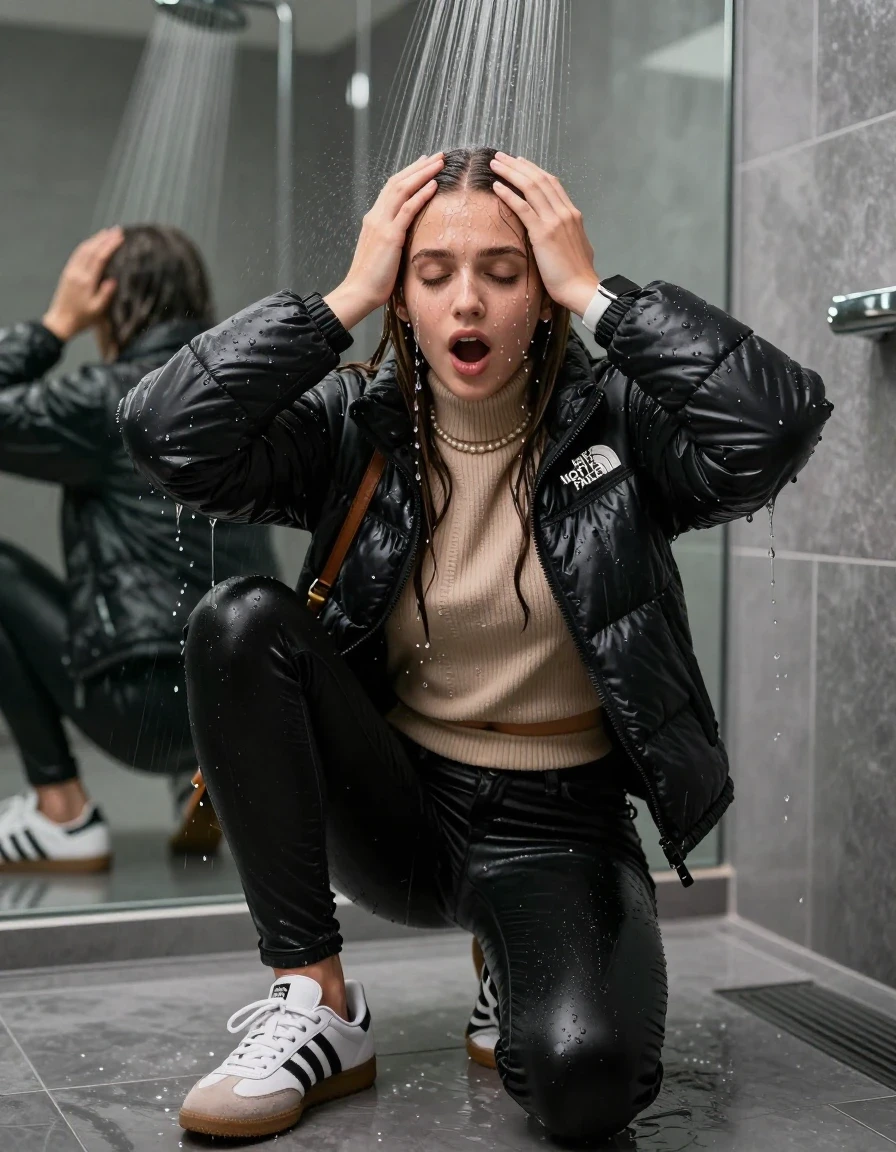 photo of young woman, in soaking wet, drenched clothes,
Totally Soaked White sneakers from Adidas Samba black striped , glistening soaked tight black skinny jeans , Glistening soaked black Puffer down jacket from north face, beige tight knit turtleneck sweater belly free, shoulderbag, pearl necklace, smartwatch , 15-year-old teenage Girl kneeling directly under a heavy powerful stream of water directely under shower in a modern mirrored  bathroom, 
enjoying, wet clothes stuck to body,
detailed textures of the wet clothes, wet face, wet plastered hair,
wet, drenched, professional, high-quality details, full body view.
sharp focus, ultra-high pixel detail, realistic, high-quality, full colors, incredibly detailed, 4k, 8k, 16k, hyper-realistic, RAW photo, masterpiece, ultra-detailed, professionally color graded, professional photograph, Behind view: 15-year-old teenage girl. looking  up.
wet plastered hair.  sleek long straight hair with a hairband with water cascading down her face and neck. Shocked  and astonished. Open mouth, closed eyes. Looking at camera. Hold her Hands on her forehead, pressed the knees together.

The Girls wear different clothes.

The lighting is bright and cinematic, highlighting the glistening water droplets on her skin and the saturated texture of her clothes.

her clothes are heavy from the water, water runs from her body and her clothes in streams. A lot of water also runs out of her clothes. Her clothes are darkened by the water. Her submerged clothes are clinging wet. 
soft atmospheric lighting reflecting off the surface, cinematic medium shot, hyper-realistic wetness, high-contrast water sheen, 8k resolution, sharp focus, detailed skin texture., wet skin, wet clothes, damp fabric,, wet skin, wet clothes, damp fabric, wet skin, wet clothes, damp fabric, wet skin, wet clothes, damp fabric, wet skin, wet clothes, damp fabric, wet skin, wet clothes, damp fabric, wet skin, wet clothes, damp fabric, wet skin, wet clothes, damp fabric, wet skin, wet clothes, damp fabric, wet skin, wet clothes, damp fabric, wet skin, wet clothes, damp fabric, wet skin, wet clothes, damp fabric