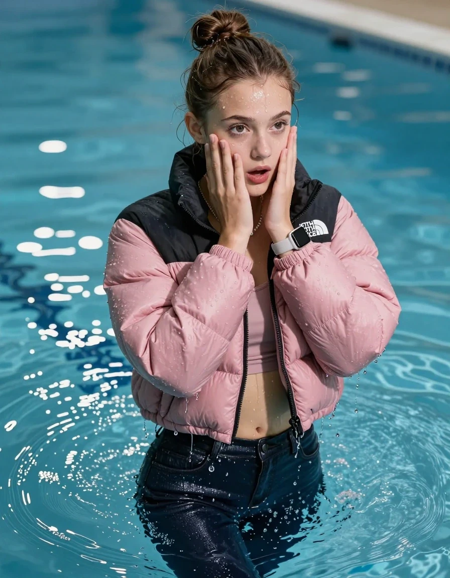 photo of young woman, in soaking wet, drenched clothes,
, Glistening soaked tight skinny jeans, Glistening soaked pink Puffer down jacket from north face, tight sexy tshirt with wide neckline belly free, shoulderbag, pearl necklace, smartwatch , Pool, 
enjoying, wet clothes stuck to body,
detailed textures of the wet clothes, wet face, wet plastered hair,
wet, drenched, professional, high-quality details, full body view.
sharp focus, ultra-high pixel detail, realistic, high-quality, full colors, incredibly detailed, 4k, 8k, 16k, hyper-realistic, RAW photo, masterpiece, ultra-detailed, professionally color graded, professional photograph, A realistic vertical fashion photograph of an  15-year-old teenage Girl emerge after a dip   in a clear blue swimming pool. 
wet plastered hair. Brunette half up with a topknot with water cascading down her face and neck. Shy and astonished. Looking at camera. Hold her hands over her face. Open mouth, big eyes. The girl is positioned in the center of the frame, her head and shoulders visible above the shimmering water surface, while her body and legs are submerged below. Natural sunlight creates sparkling reflections on the water's surface. High-quality fashion photography, sharp focus on her face, cinematic lighting.
The lighting is bright and cinematic, highlighting the glistening water droplets on her skin and the saturated texture of her clothes.

her clothes are heavy from the water, water runs from her body and her clothes in streams. A lot of water also runs out of her clothes. Her clothes are darkened by the water. Her submerged clothes are clinging wet. 
soft atmospheric lighting reflecting off the surface, cinematic medium shot, hyper-realistic wetness, high-contrast water sheen, 8k resolution, sharp focus, wet skin, wet clothes, damp fabric