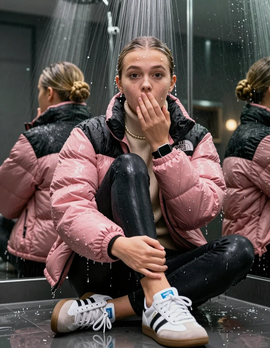 photo of young woman, in soaking wet, drenched clothes,
White sneakers from Adidas Samba black striped , glistening soaked tight black skinny jeans , Glistening soaked pink Puffer down jacket from north face, beige tight knit turtleneck sweater belly free, shoulderbag, pearl necklace, smartwatch , 15-year-old teenage Girl sitting directly under a heavy powerful stream of water directely under shower in a modern mirrored  bathroom, 
enjoying, wet clothes stuck to body,
detailed textures of the wet clothes, wet face, wet plastered hair,
wet, drenched, professional, high-quality details, full body view.
sharp focus, ultra-high pixel detail, realistic, high-quality, full colors, incredibly detailed, 4k, 8k, 16k, hyper-realistic, RAW photo, masterpiece, ultra-detailed, professionally color graded, professional photograph, Behind view: 15-year-old teenage girl. looking up.
wet plastered hair. Blonde sleek bun with water cascading down her face and neck. Surprised and astonished. Looking at camera. Hold one hand on mouth. pressed the knees together. Take a Selfie.

The Girls wear different clothes.

The lighting is bright and cinematic, highlighting the glistening water droplets on her skin and the saturated texture of her clothes.

her clothes are heavy from the water, water runs from her body and her clothes in streams. A lot of water also runs out of her clothes. Her clothes are darkened by the water. Her submerged clothes are clinging wet. 
soft atmospheric lighting reflecting off the surface, cinematic medium shot, hyper-realistic wetness, high-contrast water sheen, 8k resolution, sharp focus, detailed skin texture., wet skin, wet clothes, damp fabric,, wet skin, wet clothes, damp fabric, wet skin, wet clothes, damp fabric, wet skin, wet clothes, damp fabric, wet skin, wet clothes, damp fabric, wet skin, wet clothes, damp fabric, wet skin, wet clothes, damp fabric, wet skin, wet clothes, damp fabric, wet skin, wet clothes, damp fabric, wet skin, wet clothes, damp fabric, wet skin, wet clothes, damp fabric, wet skin, wet clothes, damp fabric, wet skin, wet clothes, damp fabric, wet skin, wet clothes, damp fabric