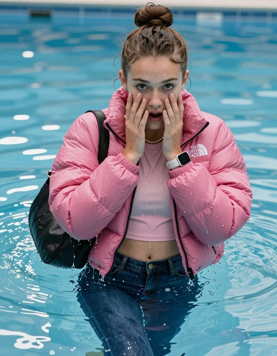photo of young woman, in soaking wet, drenched clothes,
, Glistening soaked tight skinny jeans, Glistening soaked pink Puffer down jacket from north face, tight sexy tshirt with wide neckline belly free, shoulderbag, pearl necklace, smartwatch , Pool, 
enjoying, wet clothes stuck to body,
detailed textures of the wet clothes, wet face, wet plastered hair,
wet, drenched, professional, high-quality details, full body view.
sharp focus, ultra-high pixel detail, realistic, high-quality, full colors, incredibly detailed, 4k, 8k, 16k, hyper-realistic, RAW photo, masterpiece, ultra-detailed, professionally color graded, professional photograph, A realistic vertical fashion photograph of an  15-year-old teenage Girl lying after a dip submerged in a clear blue swimming pool. 
Complete wet plastered hair. Brunette  topknot with water cascading down her clothes. Shy and astonished. Looking at camera. Hold her hands over her face. Open mouth, big eyes. She soak her shoulderbag in the water. The girl is positioned in the center of the frame, her head and shoulders visible above the shimmering water surface, while her body and legs are submerged below. Natural sunlight creates sparkling reflections on the water's surface. High-quality fashion photography, sharp focus on her face, cinematic lighting.
The lighting is bright and cinematic, highlighting the glistening water droplets on her skin and the saturated texture of her clothes.

her clothes are heavy from the water, water runs from her body and her clothes in streams. A lot of water also runs out of her clothes. Her clothes are darkened by the water. Her submerged clothes are clinging wet. 
soft atmospheric lighting reflecting off the surface, cinematic medium shot, hyper-realistic wetness, high-contrast water sheen, 8k resolution, sharp focus, wet skin, wet clothes, damp fabric, wet skin, wet clothes, damp fabric