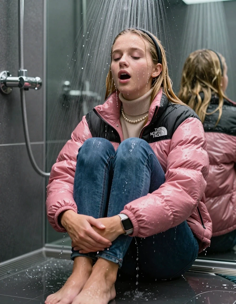 photo of young woman, in soaking wet, drenched clothes,
Pumps, glistening soaked tight skinny jeans , Glistening soaked pink Puffer down jacket from north face, beige tight knit turtleneck sweater belly free, shoulderbag, pearl necklace, smartwatch , 15-year-old teenage Girl sitting directly under a heavy powerful stream of water directely under shower in a modern mirrored  bathroom, 
enjoying, wet clothes stuck to body,
detailed textures of the wet clothes, wet face, wet plastered hair,
wet, drenched, professional, high-quality details, full body view.
sharp focus, ultra-high pixel detail, realistic, high-quality, full colors, incredibly detailed, 4k, 8k, 16k, hyper-realistic, RAW photo, masterpiece, ultra-detailed, professionally color graded, professional photograph, Behind view: 15-year-old teenage girl. looking up.
wet plastered hair. Blonde sleek long straight hair with a hairband with water cascading down her face and neck. Shocked  and astonished. Closed mouth, closed eyes. Looking at camera. Hold her Hands on her knees, pressed the knees together.

The Girls wear different clothes.

The lighting is bright and cinematic, highlighting the glistening water droplets on her skin and the saturated texture of her clothes.

her clothes are heavy from the water, water runs from her body and her clothes in streams. A lot of water also runs out of her clothes. Her clothes are darkened by the water. Her submerged clothes are clinging wet. 
soft atmospheric lighting reflecting off the surface, cinematic medium shot, hyper-realistic wetness, high-contrast water sheen, 8k resolution, sharp focus, detailed skin texture., wet skin, wet clothes, damp fabric,, wet skin, wet clothes, damp fabric, wet skin, wet clothes, damp fabric, wet skin, wet clothes, damp fabric, wet skin, wet clothes, damp fabric, wet skin, wet clothes, damp fabric, wet skin, wet clothes, damp fabric, wet skin, wet clothes, damp fabric, wet skin, wet clothes, damp fabric, wet skin, wet clothes, damp fabric, wet skin, wet clothes, damp fabric, wet skin, wet clothes, damp fabric