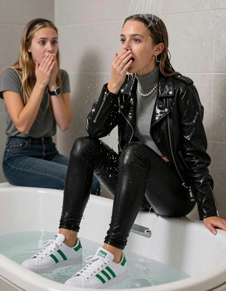 photo of young woman, in soaking wet, drenched clothes,
Totally Soaked White sneakers from Adidas Green Stan Smith , glistening soaked tight black skinny jeans , Glistening soaked black biker leatherjacket, grey tight knit turtleneck sweater belly free, shoulderbag, pearl necklace, smartwatch , 15-year-old teenage Girl directly under a heavy powerful stream of water in a bathtube of a modern bathroom, a shocked friend sits beside the tube and watching her, 
enjoying, wet clothes stuck to body,
detailed textures of the wet clothes, wet face, wet plastered hair,
wet, drenched, professional, high-quality details, full body view.
sharp focus, ultra-high pixel detail, realistic, high-quality, full colors, incredibly detailed, 4k, 8k, 16k, hyper-realistic, RAW photo, masterpiece, ultra-detailed, professionally color graded, professional photograph, Behind view: 15-year-old teenage girl.
wet plastered hair.  Blonde sleek long straight hair with a hairband with water cascading down her face and neck. Shocked  and astonished. hold her Hand on her mouth.

The Girls wear different clothes.

The lighting is bright and cinematic, highlighting the glistening water droplets on her skin and the saturated texture of her clothes. The shoes are under water.

The water jet hits her head directly, her clothes are heavy from the water, water runs from her body and her clothes in streams. A lot of water also runs out of her clothes. Her clothes are darkened by the water. Her submerged clothes are clinging wet. 
soft atmospheric lighting reflecting off the surface, cinematic medium shot, hyper-realistic wetness, high-contrast water sheen, 8k resolution, sharp focus, detailed skin texture., wet skin, wet clothes, damp fabric,, wet skin, wet clothes, damp fabric, wet skin, wet clothes, damp fabric, wet skin, wet clothes, damp fabric, wet skin, wet clothes, damp fabric, wet skin, wet clothes, damp fabric, wet skin, wet clothes, damp fabric, wet skin, wet clothes, damp fabric, wet skin, wet clothes, damp fabric, wet skin, wet clothes, damp fabric, wet skin, wet clothes, damp fabric, wet skin, wet clothes, damp fabric