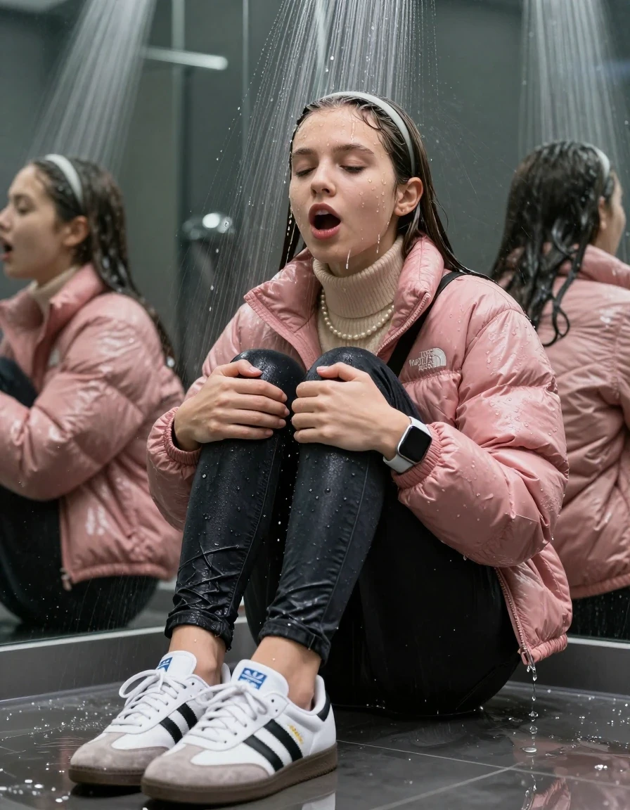 photo of young woman, in soaking wet, drenched clothes,
White sneakers from Adidas Samba black striped , glistening soaked tight black skinny jeans , Glistening soaked pink Puffer down jacket from north face, beige tight knit turtleneck sweater belly free, shoulderbag, pearl necklace, smartwatch , 15-year-old teenage Girl sitting directly under a heavy powerful stream of water directely under shower in a modern mirrored  bathroom, 
enjoying, wet clothes stuck to body,
detailed textures of the wet clothes, wet face, wet plastered hair,
wet, drenched, professional, high-quality details, full body view.
sharp focus, ultra-high pixel detail, realistic, high-quality, full colors, incredibly detailed, 4k, 8k, 16k, hyper-realistic, RAW photo, masterpiece, ultra-detailed, professionally color graded, professional photograph, Behind view: 15-year-old teenage girl. looking up.
wet plastered hair.  sleek long straight hair with a hairband with water cascading down her face and neck. Shocked  and astonished. Closed mouth, closed eyes. Looking at camera. Hold her Hands on her knees, pressed the knees together.

The Girls wear different clothes.

The lighting is bright and cinematic, highlighting the glistening water droplets on her skin and the saturated texture of her clothes.

her clothes are heavy from the water, water runs from her body and her clothes in streams. A lot of water also runs out of her clothes. Her clothes are darkened by the water. Her submerged clothes are clinging wet. 
soft atmospheric lighting reflecting off the surface, cinematic medium shot, hyper-realistic wetness, high-contrast water sheen, 8k resolution, sharp focus, detailed skin texture., wet skin, wet clothes, damp fabric,, wet skin, wet clothes, damp fabric, wet skin, wet clothes, damp fabric, wet skin, wet clothes, damp fabric, wet skin, wet clothes, damp fabric, wet skin, wet clothes, damp fabric, wet skin, wet clothes, damp fabric, wet skin, wet clothes, damp fabric, wet skin, wet clothes, damp fabric, wet skin, wet clothes, damp fabric, wet skin, wet clothes, damp fabric, wet skin, wet clothes, damp fabric, wet skin, wet clothes, damp fabric