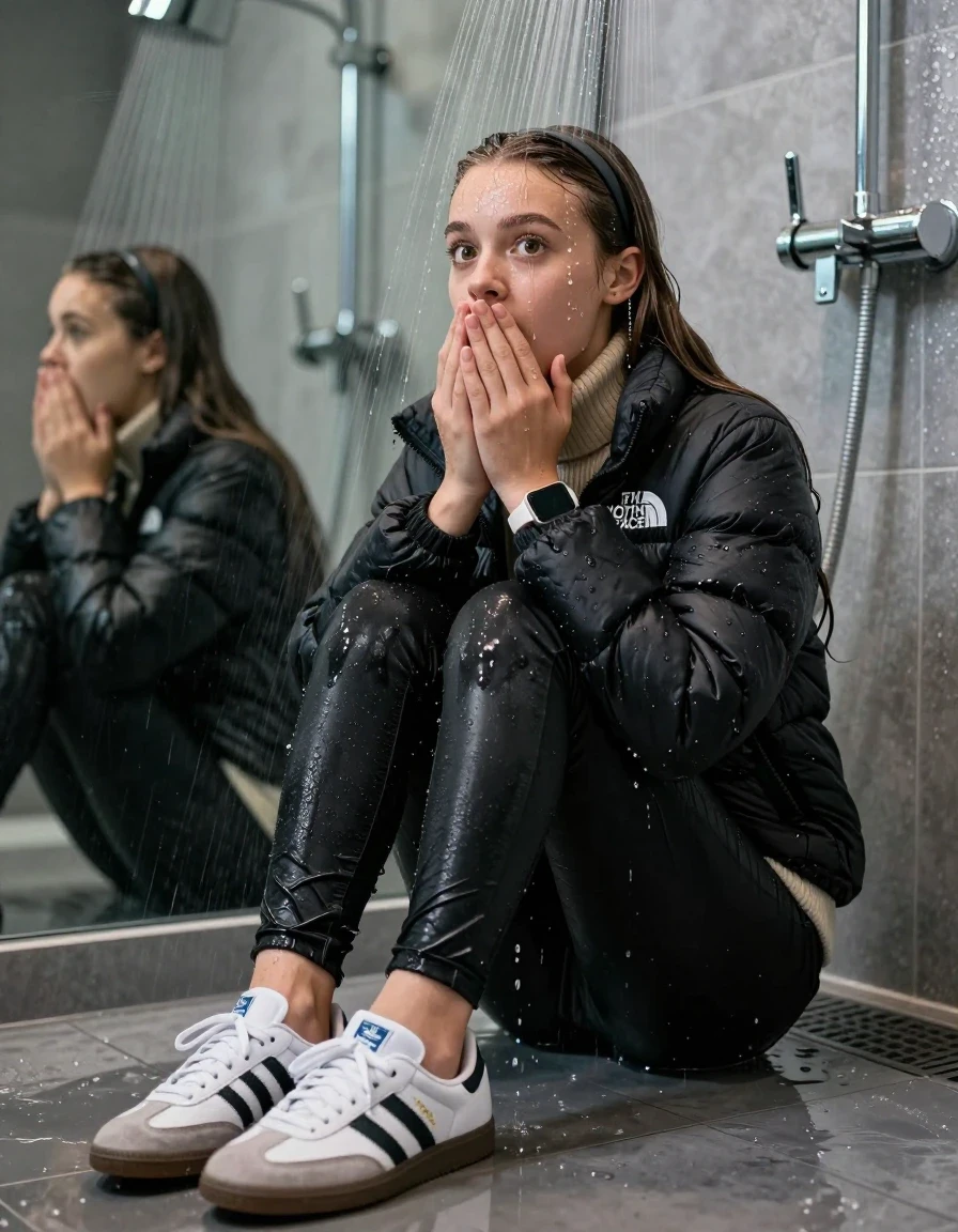 photo of young woman, in soaking wet, drenched clothes,
Totally Soaked White sneakers from Adidas Samba black striped , glistening soaked tight black skinny jeans , Glistening soaked black Puffer down jacket from north face, beige tight knit turtleneck sweater belly free, shoulderbag, pearl necklace, smartwatch , 15-year-old teenage Girl sitting directly under a heavy powerful stream of water directely under shower in a modern mirrored  bathroom, 
enjoying, wet clothes stuck to body,
detailed textures of the wet clothes, wet face, wet plastered hair,
wet, drenched, professional, high-quality details, full body view.
sharp focus, ultra-high pixel detail, realistic, high-quality, full colors, incredibly detailed, 4k, 8k, 16k, hyper-realistic, RAW photo, masterpiece, ultra-detailed, professionally color graded, professional photograph, Behind view: 15-year-old teenage girl. looking  at camera.
wet plastered hair.  sleek long straight hair with a hairband with water cascading down her face and neck. Shocked  and astonished. Closed mouth, big eyes. Looking at camera. Hold her Hands on her mouth, pressed the knees together.

The Girls wear different clothes.

The lighting is bright and cinematic, highlighting the glistening water droplets on her skin and the saturated texture of her clothes.

her clothes are heavy from the water, water runs from her body and her clothes in streams. A lot of water also runs out of her clothes. Her clothes are darkened by the water. Her submerged clothes are clinging wet. 
soft atmospheric lighting reflecting off the surface, cinematic medium shot, hyper-realistic wetness, high-contrast water sheen, 8k resolution, sharp focus, detailed skin texture., wet skin, wet clothes, damp fabric,, wet skin, wet clothes, damp fabric, wet skin, wet clothes, damp fabric, wet skin, wet clothes, damp fabric, wet skin, wet clothes, damp fabric, wet skin, wet clothes, damp fabric, wet skin, wet clothes, damp fabric, wet skin, wet clothes, damp fabric, wet skin, wet clothes, damp fabric, wet skin, wet clothes, damp fabric, wet skin, wet clothes, damp fabric, wet skin, wet clothes, damp fabric