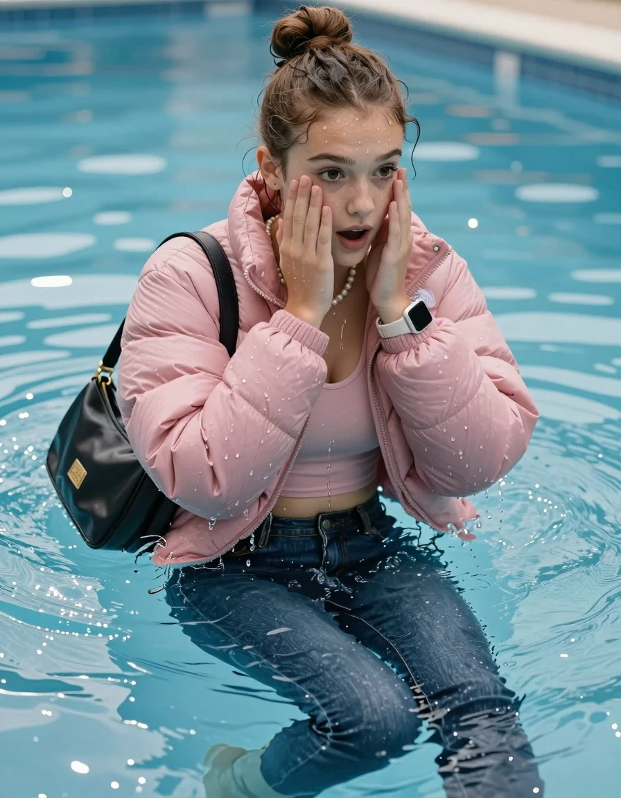 photo of young woman, in soaking wet, drenched clothes,
, Glistening soaked tight skinny jeans, Glistening soaked pink Puffer down jacket from north face, tight sexy tshirt with wide neckline belly free, shoulderbag, pearl necklace, smartwatch , Pool, 
enjoying, wet clothes stuck to body,
detailed textures of the wet clothes, wet face, wet plastered hair,
wet, drenched, professional, high-quality details, full body view.
sharp focus, ultra-high pixel detail, realistic, high-quality, full colors, incredibly detailed, 4k, 8k, 16k, hyper-realistic, RAW photo, masterpiece, ultra-detailed, professionally color graded, professional photograph, A realistic vertical fashion photograph of an  15-year-old teenage Girl lying after a dip submerged in a clear blue swimming pool. 
Complete wet plastered hair. Brunette  topknot with water cascading down her clothes. Shy and astonished. Slightly smile. Looking at camera. Hold her hands over her face. Open mouth, big eyes. She soak her shoulderbag in the water. The girl is positioned in the center of the frame, only  her head is visible above the shimmering water surface, while her body and legs are submerged below. Natural sunlight creates sparkling reflections on the water's surface. High-quality fashion photography, sharp focus on her face, cinematic lighting.
The lighting is bright and cinematic, highlighting the glistening water droplets on her skin and the saturated texture of her clothes.

her clothes are heavy from the water, water runs from her body and her clothes in streams. A lot of water also runs out of her clothes. Her clothes are darkened by the water. Her submerged clothes are clinging wet. 
soft atmospheric lighting reflecting off the surface, cinematic medium shot, hyper-realistic wetness, high-contrast water sheen, 8k resolution, sharp focus, wet skin, wet clothes, damp fabric, wet skin, wet clothes, damp fabric