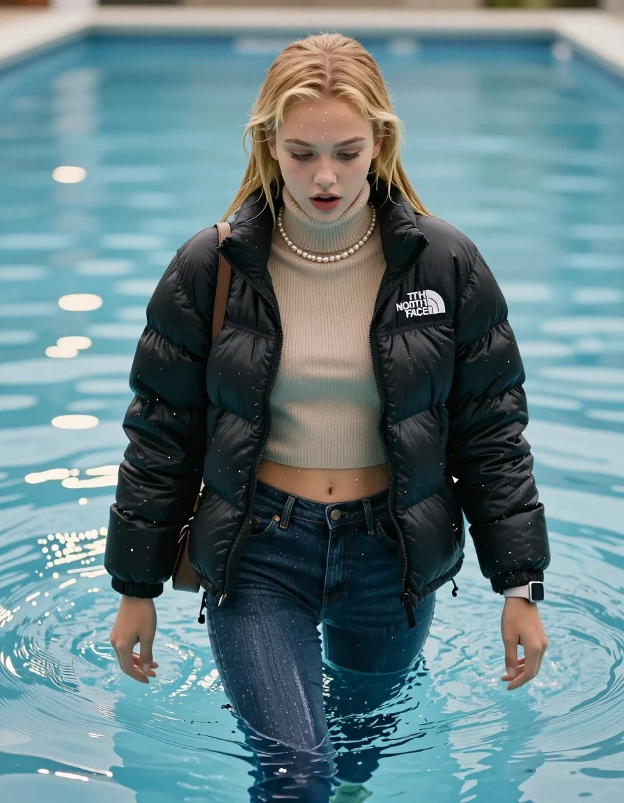 photo of young woman, in soaking wet, drenched clothes,
Heels, Glistening soaked tight skinny jeans, Glistening soaked black Puffer down jacket from north face, beige tight knit turtleneck sweater belly free, shoulderbag, pearl necklace, smartwatch , Pool, 
enjoying, wet clothes stuck to body,
detailed textures of the wet clothes, wet face, wet plastered hair,
wet, drenched, professional, high-quality details, full body view.
sharp focus, ultra-high pixel detail, realistic, high-quality, full colors, incredibly detailed, 4k, 8k, 16k, hyper-realistic, RAW photo, masterpiece, ultra-detailed, professionally color graded, professional photograph, A realistic vertical fashion photograph of an  15-year-old teenage Girl  with blonde sleek long straight hair standing submerged in a clear blue swimming pool. The girl is positioned in the center of the frame, her head and shoulders visible above the shimmering water surface, while her body and legs are submerged below. Natural sunlight creates sparkling reflections on the water's surface. High-quality fashion photography, sharp focus on her face, she Looks down, astonished expression, cinematic lighting., wet skin, wet clothes, damp fabric