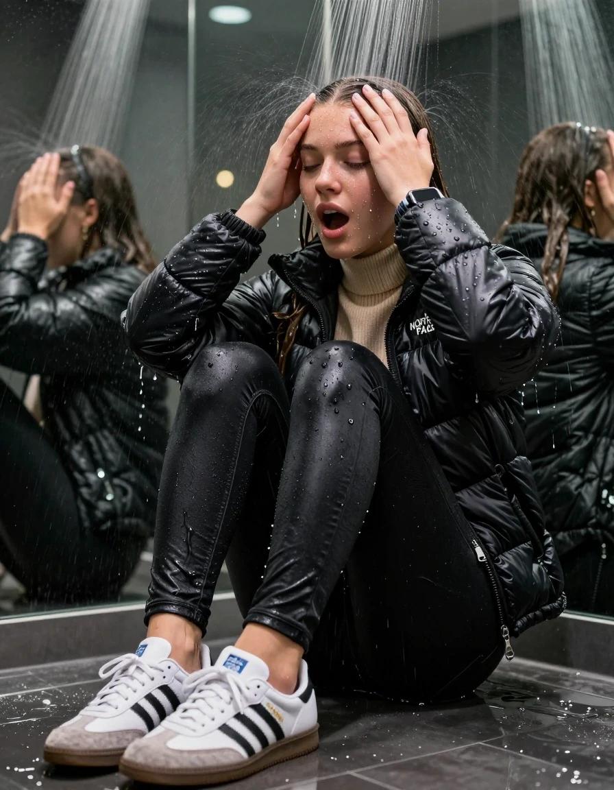 photo of young woman, in soaking wet, drenched clothes,
Totally Soaked White sneakers from Adidas Samba black striped , glistening soaked tight black skinny jeans , Glistening soaked black Puffer down jacket from north face, beige tight knit turtleneck sweater belly free, shoulderbag, pearl necklace, smartwatch , 15-year-old teenage Girl sitting directly under a heavy powerful stream of water directely under shower in a modern mirrored  bathroom, 
enjoying, wet clothes stuck to body,
detailed textures of the wet clothes, wet face, wet plastered hair,
wet, drenched, professional, high-quality details, full body view.
sharp focus, ultra-high pixel detail, realistic, high-quality, full colors, incredibly detailed, 4k, 8k, 16k, hyper-realistic, RAW photo, masterpiece, ultra-detailed, professionally color graded, professional photograph, Behind view: 15-year-old teenage girl. looking  up.
wet plastered hair.  sleek long straight hair with a hairband with water cascading down her face and neck. Shocked  and astonished. Open mouth, closed eyes. Looking at camera. Hold her Hands on her forehead, pressed the knees together.

The Girls wear different clothes.

The lighting is bright and cinematic, highlighting the glistening water droplets on her skin and the saturated texture of her clothes.

her clothes are heavy from the water, water runs from her body and her clothes in streams. A lot of water also runs out of her clothes. Her clothes are darkened by the water. Her submerged clothes are clinging wet. 
soft atmospheric lighting reflecting off the surface, cinematic medium shot, hyper-realistic wetness, high-contrast water sheen, 8k resolution, sharp focus, detailed skin texture., wet skin, wet clothes, damp fabric,, wet skin, wet clothes, damp fabric, wet skin, wet clothes, damp fabric, wet skin, wet clothes, damp fabric, wet skin, wet clothes, damp fabric, wet skin, wet clothes, damp fabric, wet skin, wet clothes, damp fabric, wet skin, wet clothes, damp fabric, wet skin, wet clothes, damp fabric, wet skin, wet clothes, damp fabric, wet skin, wet clothes, damp fabric, wet skin, wet clothes, damp fabric