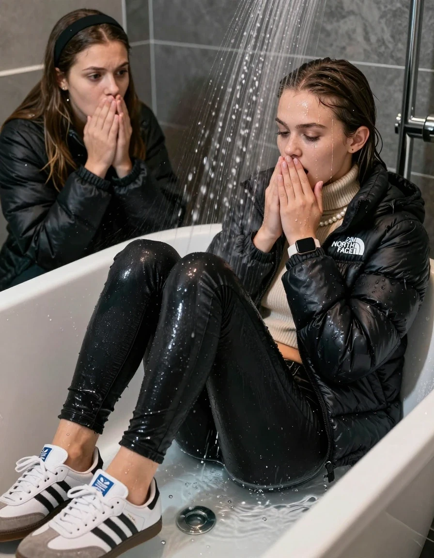 photo of young woman, in soaking wet, drenched clothes,
Totally Soaked White sneakers from Adidas Samba black striped , glistening soaked tight black skinny jeans , Glistening soaked black Puffer down jacket from north face, beige tight knit turtleneck sweater belly free, shoulderbag, pearl necklace, smartwatch , 15-year-old teenage Girl relaxing directly under a heavy powerful stream of water in a bathtube of a modern bathroom, a shocked friend sits beside the tube and watching her, 
enjoying, wet clothes stuck to body,
detailed textures of the wet clothes, wet face, wet plastered hair,
wet, drenched, professional, high-quality details, full body view.
sharp focus, ultra-high pixel detail, realistic, high-quality, full colors, incredibly detailed, 4k, 8k, 16k, hyper-realistic, RAW photo, masterpiece, ultra-detailed, professionally color graded, professional photograph, Behind view: 15-year-old teenage girl. looking  down.
wet plastered hair.  sleek long straight hair with a hairband with water cascading down her face and neck. Shocked  and astonished. closed eyes. Looking at camera. Hold her Hands on her mouth

The Girls wear different clothes.

The lighting is bright and cinematic, highlighting the glistening water droplets on her skin and the saturated texture of her clothes.

her clothes are heavy from the water, water runs from her body and her clothes in streams. A lot of water also runs out of her clothes. Her clothes are darkened by the water. Her submerged clothes are clinging wet. 
soft atmospheric lighting reflecting off the surface, cinematic medium shot, hyper-realistic wetness, high-contrast water sheen, 8k resolution, sharp focus, detailed skin texture., wet skin, wet clothes, damp fabric,, wet skin, wet clothes, damp fabric, wet skin, wet clothes, damp fabric, wet skin, wet clothes, damp fabric, wet skin, wet clothes, damp fabric, wet skin, wet clothes, damp fabric, wet skin, wet clothes, damp fabric, wet skin, wet clothes, damp fabric, wet skin, wet clothes, damp fabric, wet skin, wet clothes, damp fabric, wet skin, wet clothes, damp fabric, wet skin, wet clothes, damp fabric