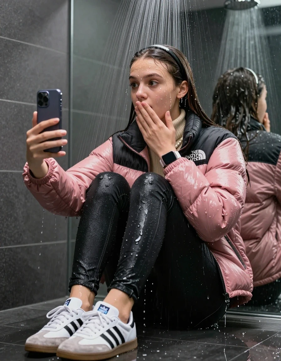 photo of young woman, in soaking wet, drenched clothes,
White sneakers from Adidas Samba black striped , glistening soaked tight black skinny jeans , Glistening soaked pink Puffer down jacket from north face, beige tight knit turtleneck sweater belly free, shoulderbag, pearl necklace, smartwatch , 15-year-old teenage Girl sitting directly under a heavy powerful stream of water directely under shower in a modern mirrored  bathroom, 
enjoying, wet clothes stuck to body,
detailed textures of the wet clothes, wet face, wet plastered hair,
wet, drenched, professional, high-quality details, full body view.
sharp focus, ultra-high pixel detail, realistic, high-quality, full colors, incredibly detailed, 4k, 8k, 16k, hyper-realistic, RAW photo, masterpiece, ultra-detailed, professionally color graded, professional photograph, Behind view: 15-year-old teenage girl. looking up.
wet plastered hair.  sleek long straight hair with a hairband with water cascading down her face and neck. Surprised and astonished. Looking at camera. Hold one hand on mouth. pressed the knees together. Take a Selfie.

The Girls wear different clothes.

The lighting is bright and cinematic, highlighting the glistening water droplets on her skin and the saturated texture of her clothes.

her clothes are heavy from the water, water runs from her body and her clothes in streams. A lot of water also runs out of her clothes. Her clothes are darkened by the water. Her submerged clothes are clinging wet. 
soft atmospheric lighting reflecting off the surface, cinematic medium shot, hyper-realistic wetness, high-contrast water sheen, 8k resolution, sharp focus, detailed skin texture., wet skin, wet clothes, damp fabric,, wet skin, wet clothes, damp fabric, wet skin, wet clothes, damp fabric, wet skin, wet clothes, damp fabric, wet skin, wet clothes, damp fabric, wet skin, wet clothes, damp fabric, wet skin, wet clothes, damp fabric, wet skin, wet clothes, damp fabric, wet skin, wet clothes, damp fabric, wet skin, wet clothes, damp fabric, wet skin, wet clothes, damp fabric, wet skin, wet clothes, damp fabric, wet skin, wet clothes, damp fabric, wet skin, wet clothes, damp fabric