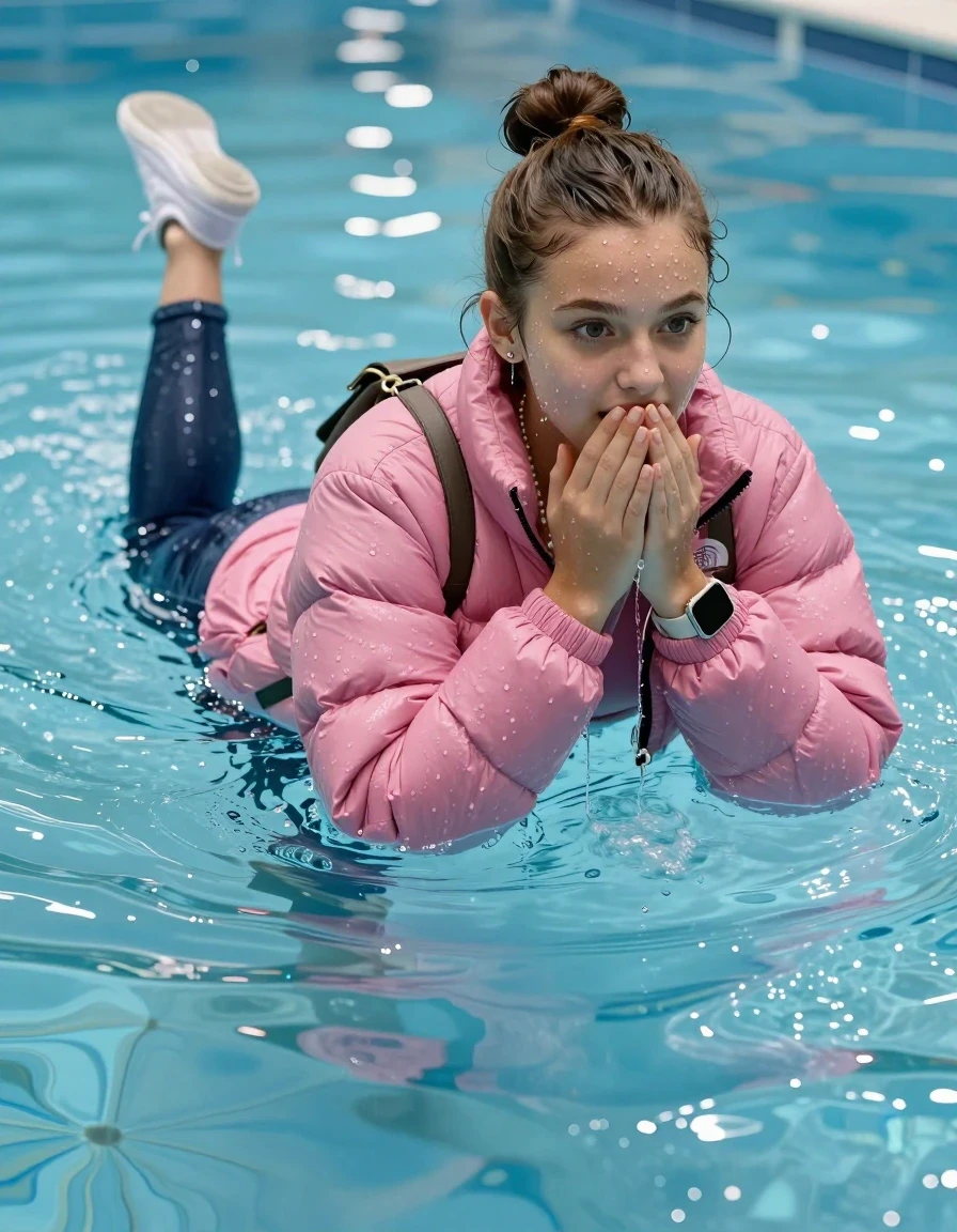 photo of young woman, in soaking wet, drenched clothes,
White sneakers, Glistening soaked tight skinny jeans, Glistening soaked pink Puffer down jacket from north face, tight sexy tshirt with wide neckline belly free, shoulderbag, pearl necklace, smartwatch , Pool, 
enjoying, wet clothes stuck to body,
detailed textures of the wet clothes, wet face, wet plastered hair,
wet, drenched, professional, high-quality details, full body view.
sharp focus, ultra-high pixel detail, realistic, high-quality, full colors, incredibly detailed, 4k, 8k, 16k, hyper-realistic, RAW photo, masterpiece, ultra-detailed, professionally color graded, professional photograph, A realistic vertical fashion photograph of an  15-year-old teenage Girl lying after a dip submerged in a clear blue swimming pool. 
Complete wet plastered hair. Brunette  topknot with water cascading down her clothes. Shy and astonished. Slightly smile. Looking at camera. Hold her hands over her mouth. Open mouth, big eyes. She soak her shoulderbag in the water. The girl is positioned in the center of the frame, only  her head is visible above the shimmering water surface, while her body and legs are submerged below. Natural sunlight creates sparkling reflections on the water's surface. High-quality fashion photography, sharp focus on her face, cinematic lighting.
The lighting is bright and cinematic, highlighting the glistening water droplets on her skin and the saturated texture of her clothes.

her clothes are heavy from the water, water runs from her body and her clothes in streams. A lot of water also runs out of her clothes. Her clothes are darkened by the water. Her submerged clothes are clinging wet. 
soft atmospheric lighting reflecting off the surface, cinematic medium shot, hyper-realistic wetness, high-contrast water sheen, 8k resolution, sharp focus, wet skin, wet clothes, damp fabric, wet skin, wet clothes, damp fabric