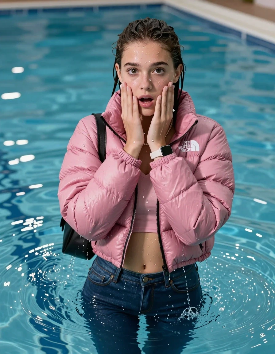 photo of young woman, in soaking wet, drenched clothes,
, Glistening soaked tight skinny jeans, Glistening soaked pink Puffer down jacket from north face, tight sexy tshirt with wide neckline belly free, shoulderbag, pearl necklace, smartwatch , Pool, 
enjoying, wet clothes stuck to body,
detailed textures of the wet clothes, wet face, wet plastered hair,
wet, drenched, professional, high-quality details, full body view.
sharp focus, ultra-high pixel detail, realistic, high-quality, full colors, incredibly detailed, 4k, 8k, 16k, hyper-realistic, RAW photo, masterpiece, ultra-detailed, professionally color graded, professional photograph, A realistic vertical fashion photograph of an  15-year-old teenage Girl emerge after a dip   in a clear blue swimming pool. 
wet plastered hair. Brunette sleek ponytail with water cascading down her face and neck. Shy and astonished. Looking at camera. Hold her hands over her face. Open mouth, big eyes. The girl is positioned in the center of the frame, her head and shoulders visible above the shimmering water surface, while her body and legs are submerged below. Natural sunlight creates sparkling reflections on the water's surface. High-quality fashion photography, sharp focus on her face, cinematic lighting.
The lighting is bright and cinematic, highlighting the glistening water droplets on her skin and the saturated texture of her clothes.

her clothes are heavy from the water, water runs from her body and her clothes in streams. A lot of water also runs out of her clothes. Her clothes are darkened by the water. Her submerged clothes are clinging wet. 
soft atmospheric lighting reflecting off the surface, cinematic medium shot, hyper-realistic wetness, high-contrast water sheen, 8k resolution, sharp focus, wet skin, wet clothes, damp fabric