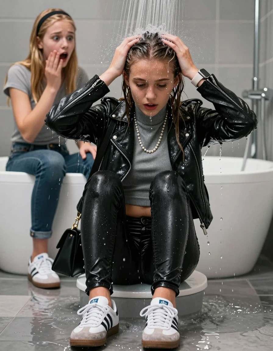 photo of young woman, in soaking wet, drenched clothes,
Totally Soaked White sneakers from Adidas Samba black striped , glistening soaked tight black skinny jeans , Glistening soaked black biker leatherjacket, grey tight knit turtleneck sweater belly free, shoulderbag, pearl necklace, smartwatch , 15-year-old teenage Girl directly under a heavy powerful stream of water in a bathtube of a modern bathroom, a shocked friend sits beside the tube and watching her, 
enjoying, wet clothes stuck to body,
detailed textures of the wet clothes, wet face, wet plastered hair,
wet, drenched, professional, high-quality details, full body view.
sharp focus, ultra-high pixel detail, realistic, high-quality, full colors, incredibly detailed, 4k, 8k, 16k, hyper-realistic, RAW photo, masterpiece, ultra-detailed, professionally color graded, professional photograph, Behind view: 15-year-old teenage girl.
wet plastered hair.  Blonde sleek long straight hair with a hairband with water cascading down her face and neck. Shocked  and astonished.

The Girls wear different clothes.

The lighting is bright and cinematic, highlighting the glistening water droplets on her skin and the saturated texture of her clothes. The shoes are under water.

The water jet hits her head directly, her clothes are heavy from the water, water runs from her body and her clothes in streams. A lot of water also runs out of her clothes. Her clothes are darkened by the water. Her submerged clothes are clinging wet. 
soft atmospheric lighting reflecting off the surface, cinematic medium shot, hyper-realistic wetness, high-contrast water sheen, 8k resolution, sharp focus, detailed skin texture., wet skin, wet clothes, damp fabric,, wet skin, wet clothes, damp fabric, wet skin, wet clothes, damp fabric, wet skin, wet clothes, damp fabric, wet skin, wet clothes, damp fabric, wet skin, wet clothes, damp fabric, wet skin, wet clothes, damp fabric, wet skin, wet clothes, damp fabric, wet skin, wet clothes, damp fabric, wet skin, wet clothes, damp fabric, wet skin, wet clothes, damp fabric, wet skin, wet clothes, damp fabric