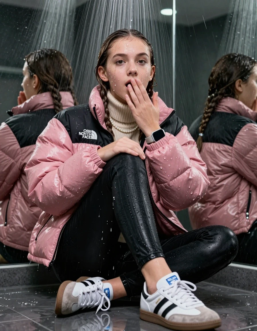 photo of young woman, in soaking wet, drenched clothes,
White sneakers from Adidas Samba black striped , glistening soaked tight black skinny jeans , Glistening soaked pink Puffer down jacket from north face, beige tight knit turtleneck sweater belly free, shoulderbag, pearl necklace, smartwatch , 15-year-old teenage Girl sitting directly under a heavy powerful stream of water directely under shower in a modern mirrored  bathroom, 
enjoying, wet clothes stuck to body,
detailed textures of the wet clothes, wet face, wet plastered hair,
wet, drenched, professional, high-quality details, full body view.
sharp focus, ultra-high pixel detail, realistic, high-quality, full colors, incredibly detailed, 4k, 8k, 16k, hyper-realistic, RAW photo, masterpiece, ultra-detailed, professionally color graded, professional photograph, Behind view: 15-year-old teenage girl. looking up.
wet plastered hair. Brunette sleek braids with water cascading down her face and neck. Surprised and astonished. Looking at camera. Hold one hand on mouth. pressed the knees together. Take a Selfie.

The Girls wear different clothes.

The lighting is bright and cinematic, highlighting the glistening water droplets on her skin and the saturated texture of her clothes.

her clothes are heavy from the water, water runs from her body and her clothes in streams. A lot of water also runs out of her clothes. Her clothes are darkened by the water. Her submerged clothes are clinging wet. 
soft atmospheric lighting reflecting off the surface, cinematic medium shot, hyper-realistic wetness, high-contrast water sheen, 8k resolution, sharp focus, detailed skin texture., wet skin, wet clothes, damp fabric,, wet skin, wet clothes, damp fabric, wet skin, wet clothes, damp fabric, wet skin, wet clothes, damp fabric, wet skin, wet clothes, damp fabric, wet skin, wet clothes, damp fabric, wet skin, wet clothes, damp fabric, wet skin, wet clothes, damp fabric, wet skin, wet clothes, damp fabric, wet skin, wet clothes, damp fabric, wet skin, wet clothes, damp fabric, wet skin, wet clothes, damp fabric, wet skin, wet clothes, damp fabric, wet skin, wet clothes, damp fabric