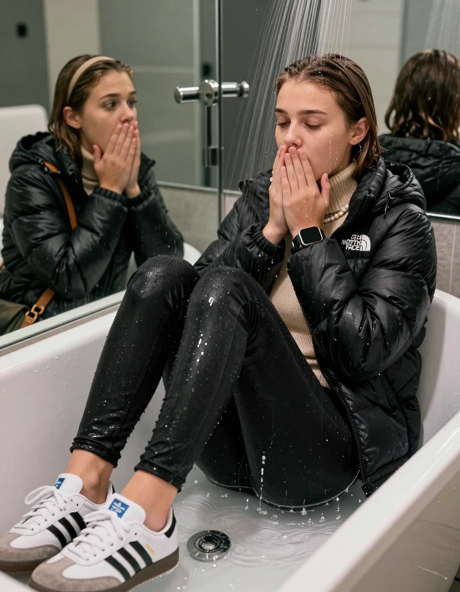 photo of young woman, in soaking wet, drenched clothes,
Totally Soaked White sneakers from Adidas Samba black striped , glistening soaked tight black skinny jeans , Glistening soaked black Puffer down jacket from north face, beige tight knit turtleneck sweater belly free, shoulderbag, pearl necklace, smartwatch , 15-year-old teenage Girl relaxing directly under a heavy powerful stream of water in a bathtube of a modern mirrored  bathroom, a shocked friend beside her watching her, 
enjoying, wet clothes stuck to body,
detailed textures of the wet clothes, wet face, wet plastered hair,
wet, drenched, professional, high-quality details, full body view.
sharp focus, ultra-high pixel detail, realistic, high-quality, full colors, incredibly detailed, 4k, 8k, 16k, hyper-realistic, RAW photo, masterpiece, ultra-detailed, professionally color graded, professional photograph, Behind view: 15-year-old teenage girl. looking  up.
wet plastered hair.  sleek long straight hair with a hairband with water cascading down her face and neck. Shocked  and astonished. closed eyes. Looking at camera. Hold her Hands on her mouth

The Girls wear different clothes.

The lighting is bright and cinematic, highlighting the glistening water droplets on her skin and the saturated texture of her clothes.

her clothes are heavy from the water, water runs from her body and her clothes in streams. A lot of water also runs out of her clothes. Her clothes are darkened by the water. Her submerged clothes are clinging wet. 
soft atmospheric lighting reflecting off the surface, cinematic medium shot, hyper-realistic wetness, high-contrast water sheen, 8k resolution, sharp focus, detailed skin texture., wet skin, wet clothes, damp fabric,, wet skin, wet clothes, damp fabric, wet skin, wet clothes, damp fabric, wet skin, wet clothes, damp fabric, wet skin, wet clothes, damp fabric, wet skin, wet clothes, damp fabric, wet skin, wet clothes, damp fabric, wet skin, wet clothes, damp fabric, wet skin, wet clothes, damp fabric, wet skin, wet clothes, damp fabric, wet skin, wet clothes, damp fabric, wet skin, wet clothes, damp fabric