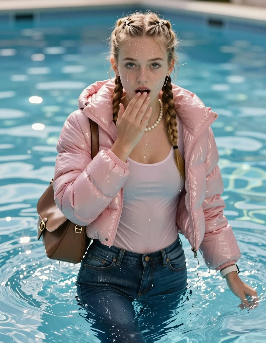 photo of young woman, in soaking wet, drenched clothes,
, Glistening soaked tight skinny jeans, Glistening soaked pink shiny Puffer down jacket from monclare, tight sexy tshirt with wide neckline belly free, shoulderbag, pearl necklace, smartwatch , Pool, 
enjoying, wet clothes stuck to body,
detailed textures of the wet clothes, wet face, wet plastered hair,
wet, drenched, professional, high-quality details, full body view.
sharp focus, ultra-high pixel detail, realistic, high-quality, full colors, incredibly detailed, 4k, 8k, 16k, hyper-realistic, RAW photo, masterpiece, ultra-detailed, professionally color graded, professional photograph, A realistic vertical fashion photograph of an  15-year-old teenage Girl emerge after a dip   in a clear blue swimming pool. 
wet plastered hair. Blonde sleek braids with water cascading down her face and neck. Shy and astonished. Looking at camera. Hold a hand on mouth. Open mouth, big eyes. She soak her shoulderbag in the water. The girl is positioned in the center of the frame, her head and shoulders visible above the shimmering water surface, while her body and legs are submerged below. Natural sunlight creates sparkling reflections on the water's surface. High-quality fashion photography, sharp focus on her face, cinematic lighting.
The lighting is bright and cinematic, highlighting the glistening water droplets on her skin and the saturated texture of her clothes.

her clothes are heavy from the water, water runs from her body and her clothes in streams. A lot of water also runs out of her clothes. Her clothes are darkened by the water. Her submerged clothes are clinging wet. 
soft atmospheric lighting reflecting off the surface, cinematic medium shot, hyper-realistic wetness, high-contrast water sheen, 8k resolution, sharp focus, wet skin, wet clothes, damp fabric