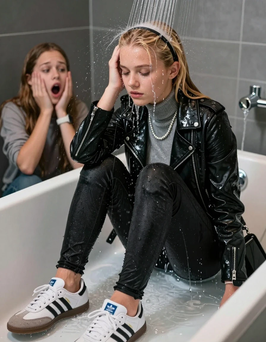 photo of young woman, in soaking wet, drenched clothes,
Totally Soaked White sneakers from Adidas Samba black striped , glistening soaked tight black skinny jeans , Glistening soaked black biker leatherjacket, grey tight knit turtleneck sweater belly free, shoulderbag, pearl necklace, smartwatch , 15-year-old teenage Girl directly under a heavy powerful stream of water in a bathtube of a modern bathroom, a shocked friend sits beside the tube and watching her, 
enjoying, wet clothes stuck to body,
detailed textures of the wet clothes, wet face, wet plastered hair,
wet, drenched, professional, high-quality details, full body view.
sharp focus, ultra-high pixel detail, realistic, high-quality, full colors, incredibly detailed, 4k, 8k, 16k, hyper-realistic, RAW photo, masterpiece, ultra-detailed, professionally color graded, professional photograph, Behind view: 15-year-old teenage girl.
wet plastered hair.  Blonde sleek long straight hair with a hairband with water cascading down her face and neck. Shocked  and astonished.  closed eyes. Looking at camera. 

The Girls wear different clothes.

The lighting is bright and cinematic, highlighting the glistening water droplets on her skin and the saturated texture of her clothes. The shoes are under water.

The water jet hits her head directly, her clothes are heavy from the water, water runs from her body and her clothes in streams. A lot of water also runs out of her clothes. Her clothes are darkened by the water. Her submerged clothes are clinging wet. 
soft atmospheric lighting reflecting off the surface, cinematic medium shot, hyper-realistic wetness, high-contrast water sheen, 8k resolution, sharp focus, detailed skin texture., wet skin, wet clothes, damp fabric,, wet skin, wet clothes, damp fabric, wet skin, wet clothes, damp fabric, wet skin, wet clothes, damp fabric, wet skin, wet clothes, damp fabric, wet skin, wet clothes, damp fabric, wet skin, wet clothes, damp fabric, wet skin, wet clothes, damp fabric, wet skin, wet clothes, damp fabric, wet skin, wet clothes, damp fabric, wet skin, wet clothes, damp fabric, wet skin, wet clothes, damp fabric