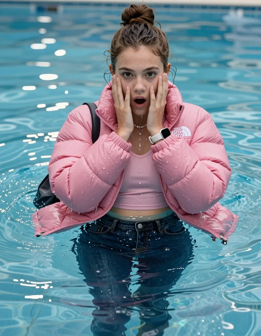 photo of young woman, in soaking wet, drenched clothes,
, Glistening soaked tight skinny jeans, Glistening soaked pink Puffer down jacket from north face, tight sexy tshirt with wide neckline belly free, shoulderbag, pearl necklace, smartwatch , Pool, 
enjoying, wet clothes stuck to body,
detailed textures of the wet clothes, wet face, wet plastered hair,
wet, drenched, professional, high-quality details, full body view.
sharp focus, ultra-high pixel detail, realistic, high-quality, full colors, incredibly detailed, 4k, 8k, 16k, hyper-realistic, RAW photo, masterpiece, ultra-detailed, professionally color graded, professional photograph, A realistic vertical fashion photograph of an  15-year-old teenage Girl lying after a dip submerged in a clear blue swimming pool. 
Complete wet plastered hair. Brunette  topknot with water cascading down her clothes. Shy and astonished. Looking at camera. Hold her hands over her face. Open mouth, big eyes. She soak her shoulderbag in the water. The girl is positioned in the center of the frame, her head and shoulders visible above the shimmering water surface, while her body and legs are submerged below. Natural sunlight creates sparkling reflections on the water's surface. High-quality fashion photography, sharp focus on her face, cinematic lighting.
The lighting is bright and cinematic, highlighting the glistening water droplets on her skin and the saturated texture of her clothes.

her clothes are heavy from the water, water runs from her body and her clothes in streams. A lot of water also runs out of her clothes. Her clothes are darkened by the water. Her submerged clothes are clinging wet. 
soft atmospheric lighting reflecting off the surface, cinematic medium shot, hyper-realistic wetness, high-contrast water sheen, 8k resolution, sharp focus, wet skin, wet clothes, damp fabric, wet skin, wet clothes, damp fabric