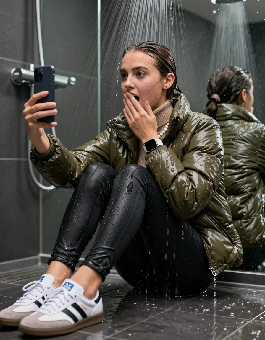 photo of young woman, in soaking wet, drenched clothes,
White sneakers from Adidas Samba black striped , glistening soaked tight black skinny jeans , Glistening soaked olive shiny Puffer down jacket from monclare, beige tight knit turtleneck sweater belly free, shoulderbag, pearl necklace, smartwatch , 15-year-old teenage Girl sitting directly under a heavy powerful stream of water directely under shower in a modern mirrored  bathroom, 
enjoying, wet clothes stuck to body,
detailed textures of the wet clothes, wet face, wet plastered hair,
wet, drenched, professional, high-quality details, full body view.
sharp focus, ultra-high pixel detail, realistic, high-quality, full colors, incredibly detailed, 4k, 8k, 16k, hyper-realistic, RAW photo, masterpiece, ultra-detailed, professionally color graded, professional photograph, Behind view: 15-year-old teenage girl. looking up.
wet plastered hair. Brunette sleek ponytail with water cascading down her face and neck. Surprised and astonished. Looking at camera. Hold one hand on mouth. pressed the knees together. Take a Selfie.

The Girls wear different clothes.

The lighting is bright and cinematic, highlighting the glistening water droplets on her skin and the saturated texture of her clothes.

her clothes are heavy from the water, water runs from her body and her clothes in streams. A lot of water also runs out of her clothes. Her clothes are darkened by the water. Her submerged clothes are clinging wet. 
soft atmospheric lighting reflecting off the surface, cinematic medium shot, hyper-realistic wetness, high-contrast water sheen, 8k resolution, sharp focus, detailed skin texture., wet skin, wet clothes, damp fabric,, wet skin, wet clothes, damp fabric, wet skin, wet clothes, damp fabric, wet skin, wet clothes, damp fabric, wet skin, wet clothes, damp fabric, wet skin, wet clothes, damp fabric, wet skin, wet clothes, damp fabric, wet skin, wet clothes, damp fabric, wet skin, wet clothes, damp fabric, wet skin, wet clothes, damp fabric, wet skin, wet clothes, damp fabric, wet skin, wet clothes, damp fabric, wet skin, wet clothes, damp fabric, wet skin, wet clothes, damp fabric