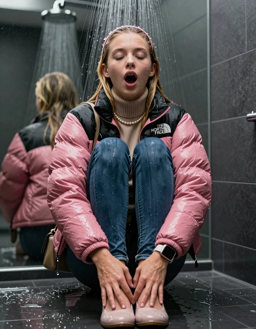 photo of young woman, in soaking wet, drenched clothes,
Pumps, glistening soaked tight skinny jeans , Glistening soaked pink Puffer down jacket from north face, beige tight knit turtleneck sweater belly free, shoulderbag, pearl necklace, smartwatch , 15-year-old teenage Girl directly under a heavy, powerful stream of water directely under shower in a modern mirrored  bathroom, 
enjoying, wet clothes stuck to body,
detailed textures of the wet clothes, wet face, wet plastered hair,
wet, drenched, professional, high-quality details, full body view.
sharp focus, ultra-high pixel detail, realistic, high-quality, full colors, incredibly detailed, 4k, 8k, 16k, hyper-realistic, RAW photo, masterpiece, ultra-detailed, professionally color graded, professional photograph, Behind view: 15-year-old teenage girl. looking up.
wet plastered hair. Blonde sleek long straight hair with a hairband with water cascading down her face and neck. Shocked  and astonished. open mouth, closed eyes. Looking at camera. Hold her Hands on her legs, pressed the knees together.

The Girls wear different clothes.

The lighting is bright and cinematic, highlighting the glistening water droplets on her skin and the saturated texture of her clothes.

her clothes are heavy from the water, water runs from her body and her clothes in streams. A lot of water also runs out of her clothes. Her clothes are darkened by the water. Her submerged clothes are clinging wet. 
soft atmospheric lighting reflecting off the surface, cinematic medium shot, hyper-realistic wetness, high-contrast water sheen, 8k resolution, sharp focus, detailed skin texture., wet skin, wet clothes, damp fabric,, wet skin, wet clothes, damp fabric, wet skin, wet clothes, damp fabric, wet skin, wet clothes, damp fabric, wet skin, wet clothes, damp fabric, wet skin, wet clothes, damp fabric, wet skin, wet clothes, damp fabric, wet skin, wet clothes, damp fabric, wet skin, wet clothes, damp fabric, wet skin, wet clothes, damp fabric, wet skin, wet clothes, damp fabric, wet skin, wet clothes, damp fabric