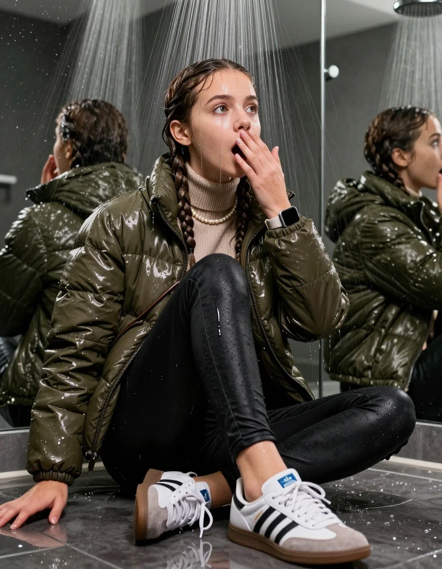 photo of young woman, in soaking wet, drenched clothes,
White sneakers from Adidas Samba black striped , glistening soaked tight black skinny jeans , Glistening soaked olive shiny Puffer down jacket from monclare, beige tight knit turtleneck sweater belly free, shoulderbag, pearl necklace, smartwatch , 15-year-old teenage Girl sitting directly under a heavy powerful stream of water directely under shower in a modern mirrored  bathroom, 
enjoying, wet clothes stuck to body,
detailed textures of the wet clothes, wet face, wet plastered hair,
wet, drenched, professional, high-quality details, full body view.
sharp focus, ultra-high pixel detail, realistic, high-quality, full colors, incredibly detailed, 4k, 8k, 16k, hyper-realistic, RAW photo, masterpiece, ultra-detailed, professionally color graded, professional photograph, Behind view: 15-year-old teenage girl. looking up.
wet plastered hair. Brunette sleek braids with water cascading down her face and neck. Surprised and astonished. Looking at camera. Hold one hand on mouth. pressed the knees together. Take a Selfie.

The Girls wear different clothes.

The lighting is bright and cinematic, highlighting the glistening water droplets on her skin and the saturated texture of her clothes.

her clothes are heavy from the water, water runs from her body and her clothes in streams. A lot of water also runs out of her clothes. Her clothes are darkened by the water. Her submerged clothes are clinging wet. 
soft atmospheric lighting reflecting off the surface, cinematic medium shot, hyper-realistic wetness, high-contrast water sheen, 8k resolution, sharp focus, detailed skin texture., wet skin, wet clothes, damp fabric,, wet skin, wet clothes, damp fabric, wet skin, wet clothes, damp fabric, wet skin, wet clothes, damp fabric, wet skin, wet clothes, damp fabric, wet skin, wet clothes, damp fabric, wet skin, wet clothes, damp fabric, wet skin, wet clothes, damp fabric, wet skin, wet clothes, damp fabric, wet skin, wet clothes, damp fabric, wet skin, wet clothes, damp fabric, wet skin, wet clothes, damp fabric, wet skin, wet clothes, damp fabric, wet skin, wet clothes, damp fabric