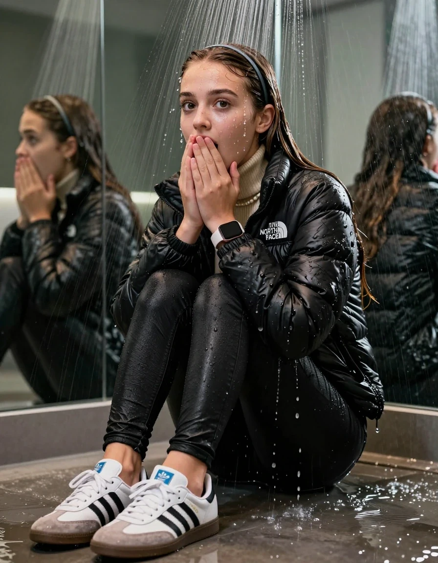 photo of young woman, in soaking wet, drenched clothes,
Totally Soaked White sneakers from Adidas Samba black striped , glistening soaked tight black skinny jeans , Glistening soaked black Puffer down jacket from north face, beige tight knit turtleneck sweater belly free, shoulderbag, pearl necklace, smartwatch , 15-year-old teenage Girl sitting directly under a heavy powerful stream of water directely under shower in a modern mirrored  bathroom, 
enjoying, wet clothes stuck to body,
detailed textures of the wet clothes, wet face, wet plastered hair,
wet, drenched, professional, high-quality details, full body view.
sharp focus, ultra-high pixel detail, realistic, high-quality, full colors, incredibly detailed, 4k, 8k, 16k, hyper-realistic, RAW photo, masterpiece, ultra-detailed, professionally color graded, professional photograph, Behind view: 15-year-old teenage girl. looking  at camera.
wet plastered hair.  sleek long straight hair with a hairband with water cascading down her face and neck. Shocked  and astonished. Open mouth, big eyes. Looking at camera. Hold a Hand on her mouth, pressed the knees together.

The Girls wear different clothes.

The lighting is bright and cinematic, highlighting the glistening water droplets on her skin and the saturated texture of her clothes.

her clothes are heavy from the water, water runs from her body and her clothes in streams. A lot of water also runs out of her clothes. Her clothes are darkened by the water. Her submerged clothes are clinging wet. 
soft atmospheric lighting reflecting off the surface, cinematic medium shot, hyper-realistic wetness, high-contrast water sheen, 8k resolution, sharp focus, detailed skin texture., wet skin, wet clothes, damp fabric,, wet skin, wet clothes, damp fabric, wet skin, wet clothes, damp fabric, wet skin, wet clothes, damp fabric, wet skin, wet clothes, damp fabric, wet skin, wet clothes, damp fabric, wet skin, wet clothes, damp fabric, wet skin, wet clothes, damp fabric, wet skin, wet clothes, damp fabric, wet skin, wet clothes, damp fabric, wet skin, wet clothes, damp fabric, wet skin, wet clothes, damp fabric