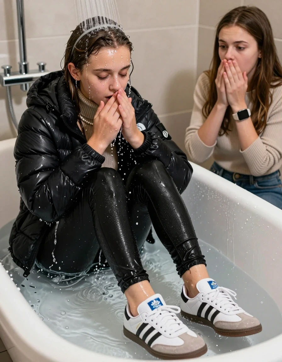 photo of young woman, in soaking wet, drenched clothes,
Totally Soaked White sneakers from Adidas Samba black striped , glistening soaked tight black skinny jeans , Glistening soaked black Puffer down jacket from north face, beige tight knit turtleneck sweater belly free, shoulderbag, pearl necklace, smartwatch , 15-year-old teenage Girl relaxing directly under a heavy powerful stream of water in a bathtube of a modern bathroom, a shocked friend sits beside the tube and watching her, 
enjoying, wet clothes stuck to body,
detailed textures of the wet clothes, wet face, wet plastered hair,
wet, drenched, professional, high-quality details, full body view.
sharp focus, ultra-high pixel detail, realistic, high-quality, full colors, incredibly detailed, 4k, 8k, 16k, hyper-realistic, RAW photo, masterpiece, ultra-detailed, professionally color graded, professional photograph, Behind view: 15-year-old teenage girl. looking  down.
wet plastered hair.  sleek long straight hair with a hairband with water cascading down her face and neck. Shocked  and astonished. closed eyes. Looking at camera. Hold her Hands on her mouth

The Girls wear different clothes.

The lighting is bright and cinematic, highlighting the glistening water droplets on her skin and the saturated texture of her clothes. The shoes are under water.

The water jet hits her head directly, her clothes are heavy from the water, water runs from her body and her clothes in streams. A lot of water also runs out of her clothes. Her clothes are darkened by the water. Her submerged clothes are clinging wet. 
soft atmospheric lighting reflecting off the surface, cinematic medium shot, hyper-realistic wetness, high-contrast water sheen, 8k resolution, sharp focus, detailed skin texture., wet skin, wet clothes, damp fabric,, wet skin, wet clothes, damp fabric, wet skin, wet clothes, damp fabric, wet skin, wet clothes, damp fabric, wet skin, wet clothes, damp fabric, wet skin, wet clothes, damp fabric, wet skin, wet clothes, damp fabric, wet skin, wet clothes, damp fabric, wet skin, wet clothes, damp fabric, wet skin, wet clothes, damp fabric, wet skin, wet clothes, damp fabric, wet skin, wet clothes, damp fabric