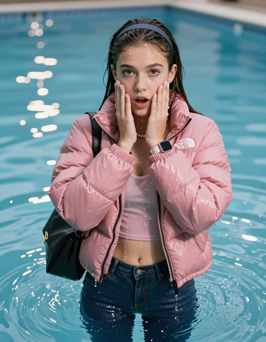 photo of young woman, in soaking wet, drenched clothes,
, Glistening soaked tight skinny jeans, Glistening soaked pink Puffer down jacket from north face, tight sexy tshirt with wide neckline belly free, shoulderbag, pearl necklace, smartwatch , Pool, 
enjoying, wet clothes stuck to body,
detailed textures of the wet clothes, wet face, wet plastered hair,
wet, drenched, professional, high-quality details, full body view.
sharp focus, ultra-high pixel detail, realistic, high-quality, full colors, incredibly detailed, 4k, 8k, 16k, hyper-realistic, RAW photo, masterpiece, ultra-detailed, professionally color graded, professional photograph, A realistic vertical fashion photograph of an  15-year-old teenage Girl emerge after a dip   in a clear blue swimming pool. 
wet plastered hair. Brunette sleek long straight hair with a hairband with water cascading down her face and neck. Shy and astonished. Looking at camera. Hold her hands over her face. Open mouth, big eyes. The girl is positioned in the center of the frame, her head and shoulders visible above the shimmering water surface, while her body and legs are submerged below. Natural sunlight creates sparkling reflections on the water's surface. High-quality fashion photography, sharp focus on her face, cinematic lighting.
The lighting is bright and cinematic, highlighting the glistening water droplets on her skin and the saturated texture of her clothes.

her clothes are heavy from the water, water runs from her body and her clothes in streams. A lot of water also runs out of her clothes. Her clothes are darkened by the water. Her submerged clothes are clinging wet. 
soft atmospheric lighting reflecting off the surface, cinematic medium shot, hyper-realistic wetness, high-contrast water sheen, 8k resolution, sharp focus, wet skin, wet clothes, damp fabric