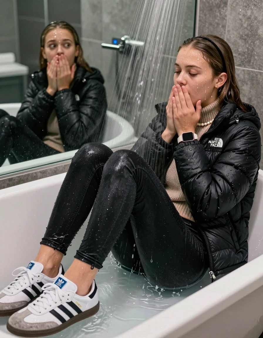 photo of young woman, in soaking wet, drenched clothes,
Totally Soaked White sneakers from Adidas Samba black striped , glistening soaked tight black skinny jeans , Glistening soaked black Puffer down jacket from north face, beige tight knit turtleneck sweater belly free, shoulderbag, pearl necklace, smartwatch , 15-year-old teenage Girl relaxing directly under a heavy powerful stream of water in a bathtube of a modern mirrored  bathroom, a shocked friend beside her watching her, 
enjoying, wet clothes stuck to body,
detailed textures of the wet clothes, wet face, wet plastered hair,
wet, drenched, professional, high-quality details, full body view.
sharp focus, ultra-high pixel detail, realistic, high-quality, full colors, incredibly detailed, 4k, 8k, 16k, hyper-realistic, RAW photo, masterpiece, ultra-detailed, professionally color graded, professional photograph, Behind view: 15-year-old teenage girl. looking  up.
wet plastered hair.  sleek long straight hair with a hairband with water cascading down her face and neck. Shocked  and astonished. closed eyes. Looking at camera. Hold her Hands on her mouth

The Girls wear different clothes.

The lighting is bright and cinematic, highlighting the glistening water droplets on her skin and the saturated texture of her clothes.

her clothes are heavy from the water, water runs from her body and her clothes in streams. A lot of water also runs out of her clothes. Her clothes are darkened by the water. Her submerged clothes are clinging wet. 
soft atmospheric lighting reflecting off the surface, cinematic medium shot, hyper-realistic wetness, high-contrast water sheen, 8k resolution, sharp focus, detailed skin texture., wet skin, wet clothes, damp fabric,, wet skin, wet clothes, damp fabric, wet skin, wet clothes, damp fabric, wet skin, wet clothes, damp fabric, wet skin, wet clothes, damp fabric, wet skin, wet clothes, damp fabric, wet skin, wet clothes, damp fabric, wet skin, wet clothes, damp fabric, wet skin, wet clothes, damp fabric, wet skin, wet clothes, damp fabric, wet skin, wet clothes, damp fabric, wet skin, wet clothes, damp fabric