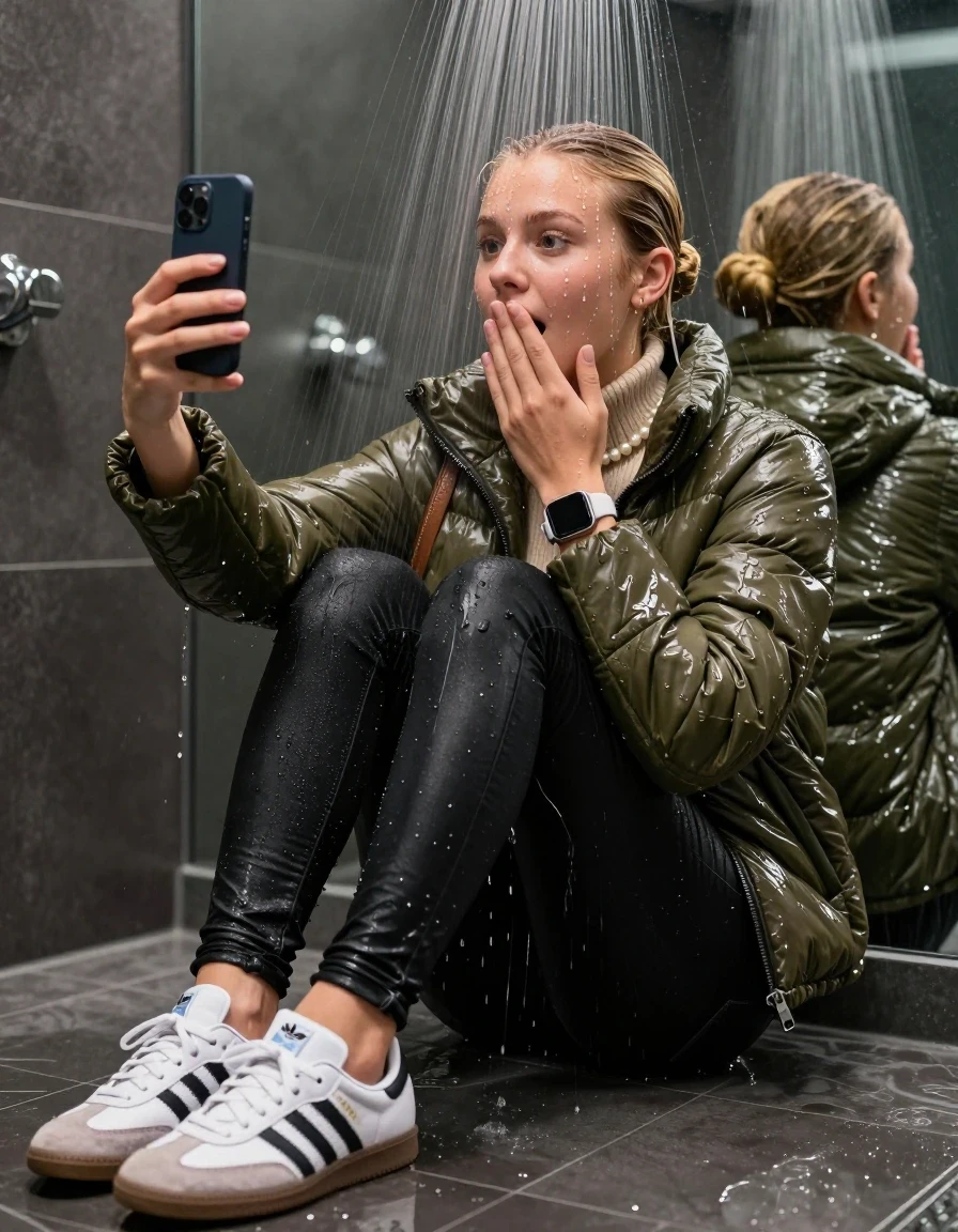 photo of young woman, in soaking wet, drenched clothes,
White sneakers from Adidas Samba black striped , glistening soaked tight black skinny jeans , Glistening soaked olive shiny Puffer down jacket from monclare, beige tight knit turtleneck sweater belly free, shoulderbag, pearl necklace, smartwatch , 15-year-old teenage Girl sitting directly under a heavy powerful stream of water directely under shower in a modern mirrored  bathroom, 
enjoying, wet clothes stuck to body,
detailed textures of the wet clothes, wet face, wet plastered hair,
wet, drenched, professional, high-quality details, full body view.
sharp focus, ultra-high pixel detail, realistic, high-quality, full colors, incredibly detailed, 4k, 8k, 16k, hyper-realistic, RAW photo, masterpiece, ultra-detailed, professionally color graded, professional photograph, Behind view: 15-year-old teenage girl. looking up.
wet plastered hair. Blonde sleek bun with water cascading down her face and neck. Surprised and astonished. Looking at camera. Hold one hand on mouth. pressed the knees together. Take a Selfie.

The Girls wear different clothes.

The lighting is bright and cinematic, highlighting the glistening water droplets on her skin and the saturated texture of her clothes.

her clothes are heavy from the water, water runs from her body and her clothes in streams. A lot of water also runs out of her clothes. Her clothes are darkened by the water. Her submerged clothes are clinging wet. 
soft atmospheric lighting reflecting off the surface, cinematic medium shot, hyper-realistic wetness, high-contrast water sheen, 8k resolution, sharp focus, detailed skin texture., wet skin, wet clothes, damp fabric,, wet skin, wet clothes, damp fabric, wet skin, wet clothes, damp fabric, wet skin, wet clothes, damp fabric, wet skin, wet clothes, damp fabric, wet skin, wet clothes, damp fabric, wet skin, wet clothes, damp fabric, wet skin, wet clothes, damp fabric, wet skin, wet clothes, damp fabric, wet skin, wet clothes, damp fabric, wet skin, wet clothes, damp fabric, wet skin, wet clothes, damp fabric, wet skin, wet clothes, damp fabric, wet skin, wet clothes, damp fabric