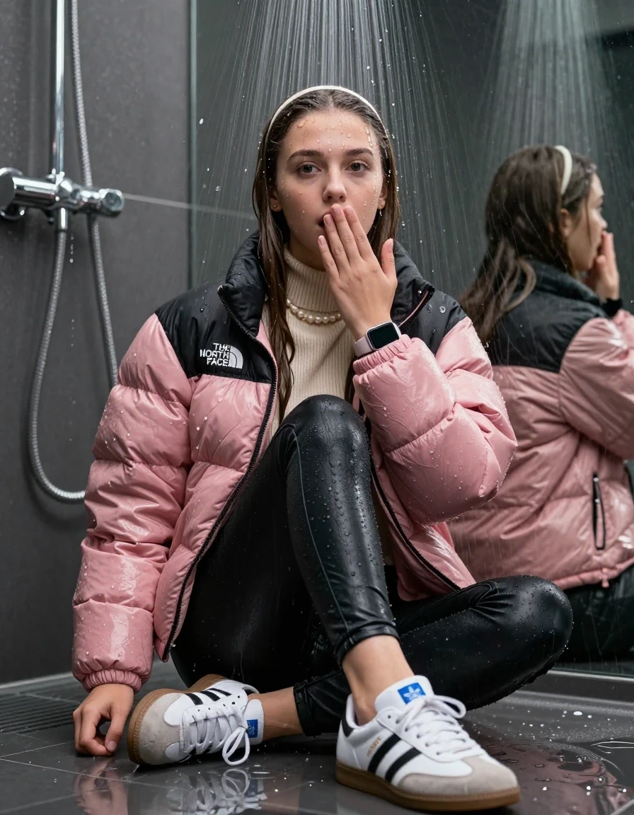 photo of young woman, in soaking wet, drenched clothes,
White sneakers from Adidas Samba black striped , glistening soaked tight black skinny jeans , Glistening soaked pink Puffer down jacket from north face, beige tight knit turtleneck sweater belly free, shoulderbag, pearl necklace, smartwatch , 15-year-old teenage Girl sitting directly under a heavy powerful stream of water directely under shower in a modern mirrored  bathroom, 
enjoying, wet clothes stuck to body,
detailed textures of the wet clothes, wet face, wet plastered hair,
wet, drenched, professional, high-quality details, full body view.
sharp focus, ultra-high pixel detail, realistic, high-quality, full colors, incredibly detailed, 4k, 8k, 16k, hyper-realistic, RAW photo, masterpiece, ultra-detailed, professionally color graded, professional photograph, Behind view: 15-year-old teenage girl. looking up.
wet plastered hair.  sleek long straight hair with a hairband with water cascading down her face and neck. Surprised and astonished. Looking at camera. Hold her hand on mouth. pressed the knees together. Take a Selfie.

The Girls wear different clothes.

The lighting is bright and cinematic, highlighting the glistening water droplets on her skin and the saturated texture of her clothes.

her clothes are heavy from the water, water runs from her body and her clothes in streams. A lot of water also runs out of her clothes. Her clothes are darkened by the water. Her submerged clothes are clinging wet. 
soft atmospheric lighting reflecting off the surface, cinematic medium shot, hyper-realistic wetness, high-contrast water sheen, 8k resolution, sharp focus, detailed skin texture., wet skin, wet clothes, damp fabric,, wet skin, wet clothes, damp fabric, wet skin, wet clothes, damp fabric, wet skin, wet clothes, damp fabric, wet skin, wet clothes, damp fabric, wet skin, wet clothes, damp fabric, wet skin, wet clothes, damp fabric, wet skin, wet clothes, damp fabric, wet skin, wet clothes, damp fabric, wet skin, wet clothes, damp fabric, wet skin, wet clothes, damp fabric, wet skin, wet clothes, damp fabric, wet skin, wet clothes, damp fabric, wet skin, wet clothes, damp fabric