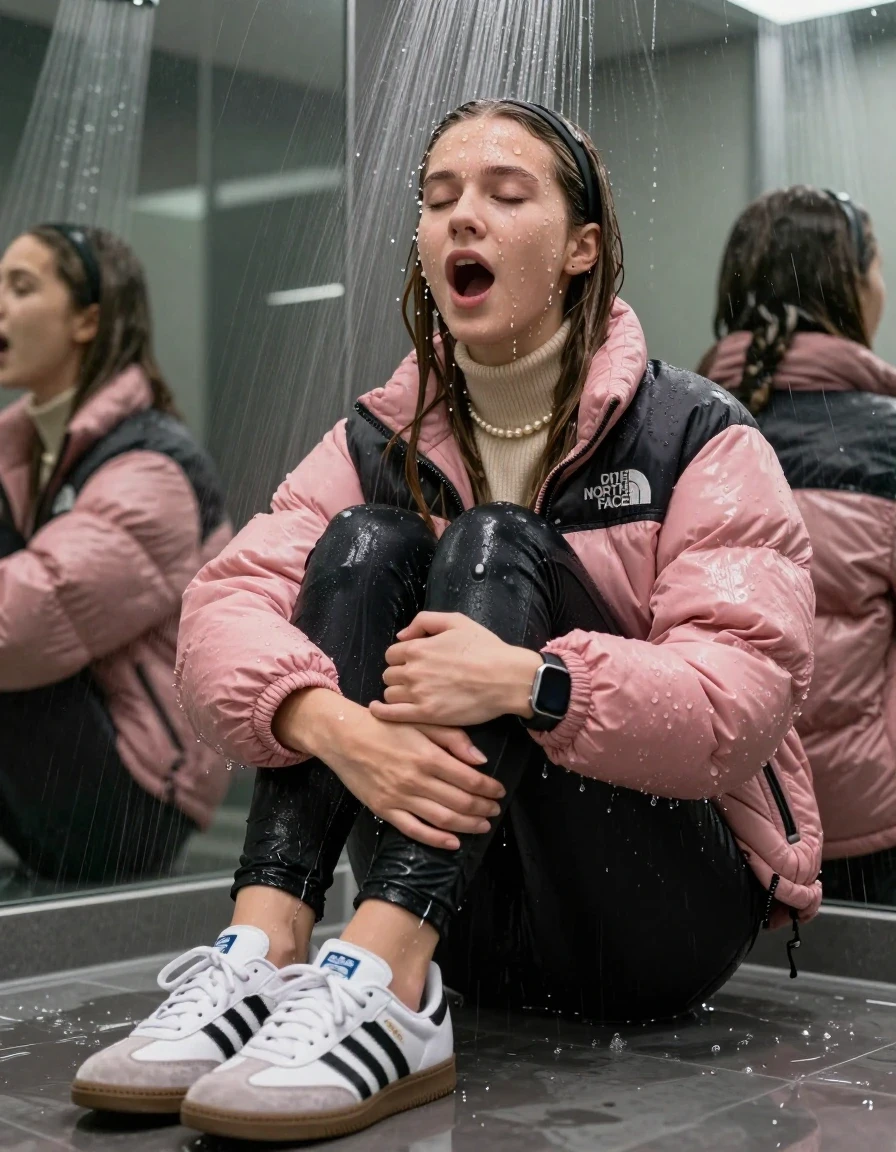 photo of young woman, in soaking wet, drenched clothes,
White sneakers from Adidas Samba black striped , glistening soaked tight black skinny jeans , Glistening soaked pink Puffer down jacket from north face, beige tight knit turtleneck sweater belly free, shoulderbag, pearl necklace, smartwatch , 15-year-old teenage Girl sitting directly under a heavy powerful stream of water directely under shower in a modern mirrored  bathroom, 
enjoying, wet clothes stuck to body,
detailed textures of the wet clothes, wet face, wet plastered hair,
wet, drenched, professional, high-quality details, full body view.
sharp focus, ultra-high pixel detail, realistic, high-quality, full colors, incredibly detailed, 4k, 8k, 16k, hyper-realistic, RAW photo, masterpiece, ultra-detailed, professionally color graded, professional photograph, Behind view: 15-year-old teenage girl. looking up.
wet plastered hair.  sleek long straight hair with a hairband with water cascading down her face and neck. Shocked  and astonished. Closed mouth, closed eyes. Looking at camera. Hold her Hands on her knees, pressed the knees together.

The Girls wear different clothes.

The lighting is bright and cinematic, highlighting the glistening water droplets on her skin and the saturated texture of her clothes.

her clothes are heavy from the water, water runs from her body and her clothes in streams. A lot of water also runs out of her clothes. Her clothes are darkened by the water. Her submerged clothes are clinging wet. 
soft atmospheric lighting reflecting off the surface, cinematic medium shot, hyper-realistic wetness, high-contrast water sheen, 8k resolution, sharp focus, detailed skin texture., wet skin, wet clothes, damp fabric,, wet skin, wet clothes, damp fabric, wet skin, wet clothes, damp fabric, wet skin, wet clothes, damp fabric, wet skin, wet clothes, damp fabric, wet skin, wet clothes, damp fabric, wet skin, wet clothes, damp fabric, wet skin, wet clothes, damp fabric, wet skin, wet clothes, damp fabric, wet skin, wet clothes, damp fabric, wet skin, wet clothes, damp fabric, wet skin, wet clothes, damp fabric