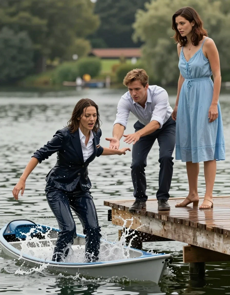 Full-body vertical high-fashion photography. In the foreground, a woman in a soaked, clinging professional uniform is struggling in the water next to a pedalo boat. To her right, a man is leaning over the edge of the wooden pier, reaching out a hand to help her. Standing on the pier to the far right is an adult woman (the second woman) wearing a light blue, airy cotton sundress that is dry, watching the scene with a curious expression. This adult woman has shoulder-length dark auburn hair. The scene is captured just after a large splash, with water droplets still in the air and rippling water around the woman in the uniform. Professional cinematic lighting, sharp focus, high-fashion aesthetic, soft bokeh of the lake in the background. The depicted adult woman has shoulder-length dark auburn hair.