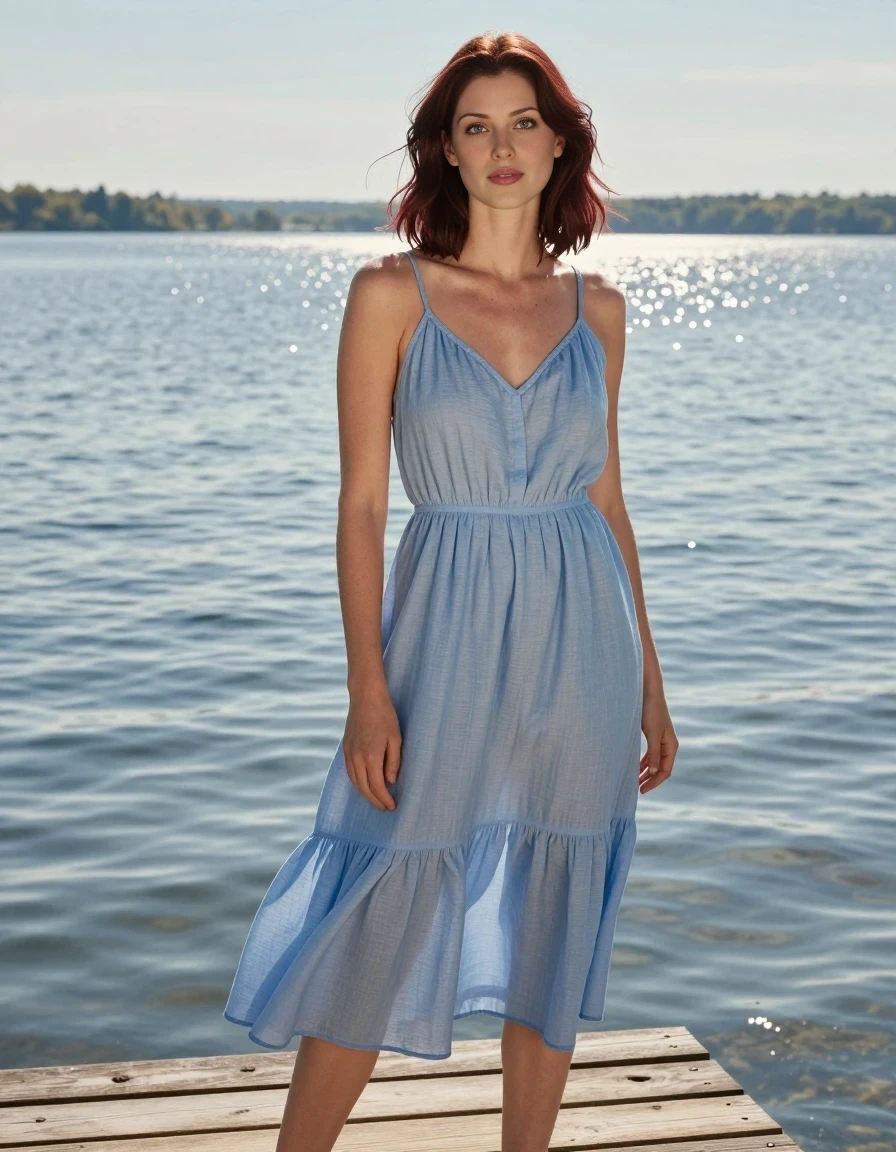 Full-body vertical high-fashion photography of a 25-year-old woman standing on a wooden pier overlooking a calm, sunny lake. She is wearing a light blue, airy cotton sundress that gently catches the breeze, with a soft, natural, and confident expression looking toward the camera. Her shoulder-length dark auburn hair is dry and styled naturally, framing her face. The background features the shimmering blue water of the lake under a clear sky, with soft sunlight creating a warm, serene atmosphere. Professional full-body shot, sharp focus on the texture of the cotton fabric and her elegant silhouette, cinematic lighting, soft bokeh of the distant shoreline. The depicted adult woman has shoulder-length dark auburn hair. Show her face clearly toward the camera at a mild three-quarter angle, large enough for a natural portrait face reference.