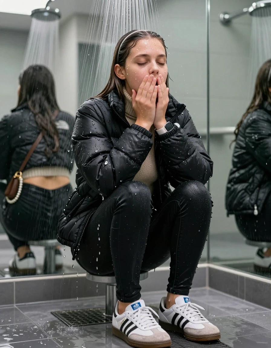 photo of young woman, in soaking wet, drenched clothes,
Totally Soaked White sneakers from Adidas Samba black striped , glistening soaked tight black skinny jeans , Glistening soaked black Puffer down jacket from north face, beige tight knit turtleneck sweater belly free, shoulderbag, pearl necklace, smartwatch , 15-year-old teenage Girl playing directly under a heavy powerful stream of water directely under shower in a modern mirrored  bathroom, 
enjoying, wet clothes stuck to body,
detailed textures of the wet clothes, wet face, wet plastered hair,
wet, drenched, professional, high-quality details, full body view.
sharp focus, ultra-high pixel detail, realistic, high-quality, full colors, incredibly detailed, 4k, 8k, 16k, hyper-realistic, RAW photo, masterpiece, ultra-detailed, professionally color graded, professional photograph, Behind view: 15-year-old teenage girl. looking  up.
wet plastered hair.  sleek long straight hair with a hairband with water cascading down her face and neck. Shocked  and astonished. closed eyes. Looking at camera. Hold her Hands on her mouth

The Girls wear different clothes.

The lighting is bright and cinematic, highlighting the glistening water droplets on her skin and the saturated texture of her clothes.

her clothes are heavy from the water, water runs from her body and her clothes in streams. A lot of water also runs out of her clothes. Her clothes are darkened by the water. Her submerged clothes are clinging wet. 
soft atmospheric lighting reflecting off the surface, cinematic medium shot, hyper-realistic wetness, high-contrast water sheen, 8k resolution, sharp focus, detailed skin texture., wet skin, wet clothes, damp fabric,, wet skin, wet clothes, damp fabric, wet skin, wet clothes, damp fabric, wet skin, wet clothes, damp fabric, wet skin, wet clothes, damp fabric, wet skin, wet clothes, damp fabric, wet skin, wet clothes, damp fabric, wet skin, wet clothes, damp fabric, wet skin, wet clothes, damp fabric, wet skin, wet clothes, damp fabric, wet skin, wet clothes, damp fabric, wet skin, wet clothes, damp fabric