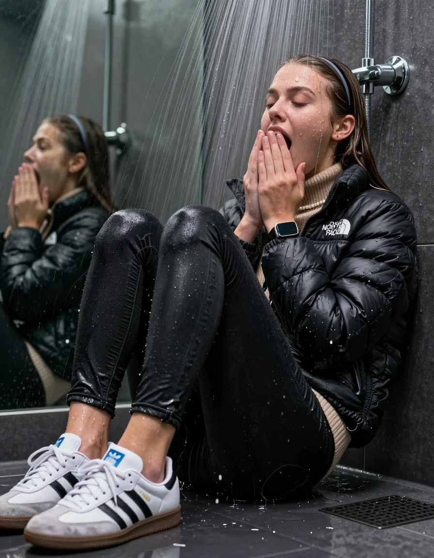 photo of young woman, in soaking wet, drenched clothes,
Totally Soaked White sneakers from Adidas Samba black striped , glistening soaked tight black skinny jeans , Glistening soaked black Puffer down jacket from north face, beige tight knit turtleneck sweater belly free, shoulderbag, pearl necklace, smartwatch , 15-year-old teenage Girl lying directly under a heavy powerful stream of water directely under shower in a modern mirrored  bathroom, 
enjoying, wet clothes stuck to body,
detailed textures of the wet clothes, wet face, wet plastered hair,
wet, drenched, professional, high-quality details, full body view.
sharp focus, ultra-high pixel detail, realistic, high-quality, full colors, incredibly detailed, 4k, 8k, 16k, hyper-realistic, RAW photo, masterpiece, ultra-detailed, professionally color graded, professional photograph, Behind view: 15-year-old teenage girl. looking  up.
wet plastered hair.  sleek long straight hair with a hairband with water cascading down her face and neck. Shocked  and astonished. Open mouth, closed eyes. Looking at camera. Hold her Hands on her mouth, pressed the knees together.

The Girls wear different clothes.

The lighting is bright and cinematic, highlighting the glistening water droplets on her skin and the saturated texture of her clothes.

her clothes are heavy from the water, water runs from her body and her clothes in streams. A lot of water also runs out of her clothes. Her clothes are darkened by the water. Her submerged clothes are clinging wet. 
soft atmospheric lighting reflecting off the surface, cinematic medium shot, hyper-realistic wetness, high-contrast water sheen, 8k resolution, sharp focus, detailed skin texture., wet skin, wet clothes, damp fabric,, wet skin, wet clothes, damp fabric, wet skin, wet clothes, damp fabric, wet skin, wet clothes, damp fabric, wet skin, wet clothes, damp fabric, wet skin, wet clothes, damp fabric, wet skin, wet clothes, damp fabric, wet skin, wet clothes, damp fabric, wet skin, wet clothes, damp fabric, wet skin, wet clothes, damp fabric, wet skin, wet clothes, damp fabric, wet skin, wet clothes, damp fabric