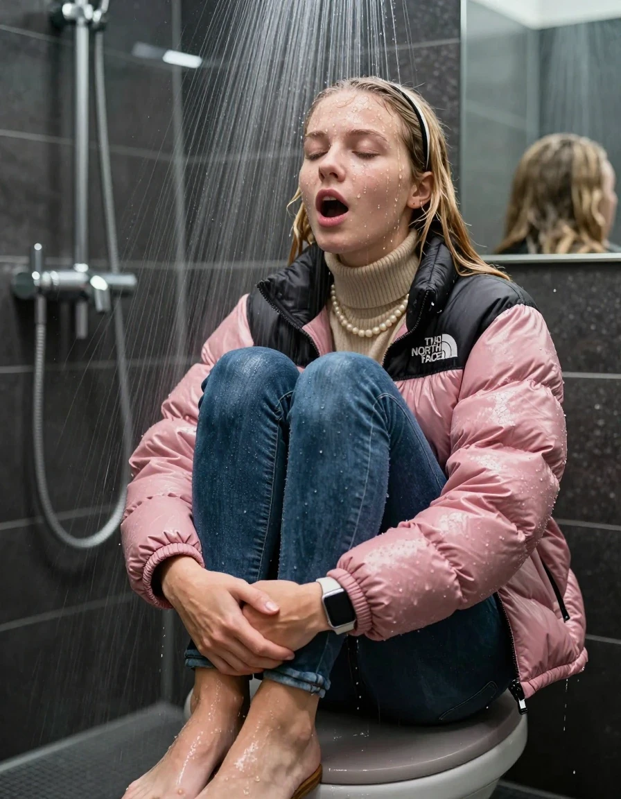 photo of young woman, in soaking wet, drenched clothes,
Pumps, glistening soaked tight skinny jeans , Glistening soaked pink Puffer down jacket from north face, beige tight knit turtleneck sweater belly free, shoulderbag, pearl necklace, smartwatch , 15-year-old teenage Girl sitting on a chair directly under a heavy, powerful stream of water directely under shower in a modern mirrored  bathroom, 
enjoying, wet clothes stuck to body,
detailed textures of the wet clothes, wet face, wet plastered hair,
wet, drenched, professional, high-quality details, full body view.
sharp focus, ultra-high pixel detail, realistic, high-quality, full colors, incredibly detailed, 4k, 8k, 16k, hyper-realistic, RAW photo, masterpiece, ultra-detailed, professionally color graded, professional photograph, Behind view: 15-year-old teenage girl. looking up.
wet plastered hair. Blonde sleek long straight hair with a hairband with water cascading down her face and neck. Shocked  and astonished. Closed mouth, closed eyes. Looking at camera. Hold her Hands on her legs, pressed the knees together.

The Girls wear different clothes.

The lighting is bright and cinematic, highlighting the glistening water droplets on her skin and the saturated texture of her clothes.

her clothes are heavy from the water, water runs from her body and her clothes in streams. A lot of water also runs out of her clothes. Her clothes are darkened by the water. Her submerged clothes are clinging wet. 
soft atmospheric lighting reflecting off the surface, cinematic medium shot, hyper-realistic wetness, high-contrast water sheen, 8k resolution, sharp focus, detailed skin texture., wet skin, wet clothes, damp fabric,, wet skin, wet clothes, damp fabric, wet skin, wet clothes, damp fabric, wet skin, wet clothes, damp fabric, wet skin, wet clothes, damp fabric, wet skin, wet clothes, damp fabric, wet skin, wet clothes, damp fabric, wet skin, wet clothes, damp fabric, wet skin, wet clothes, damp fabric, wet skin, wet clothes, damp fabric, wet skin, wet clothes, damp fabric, wet skin, wet clothes, damp fabric