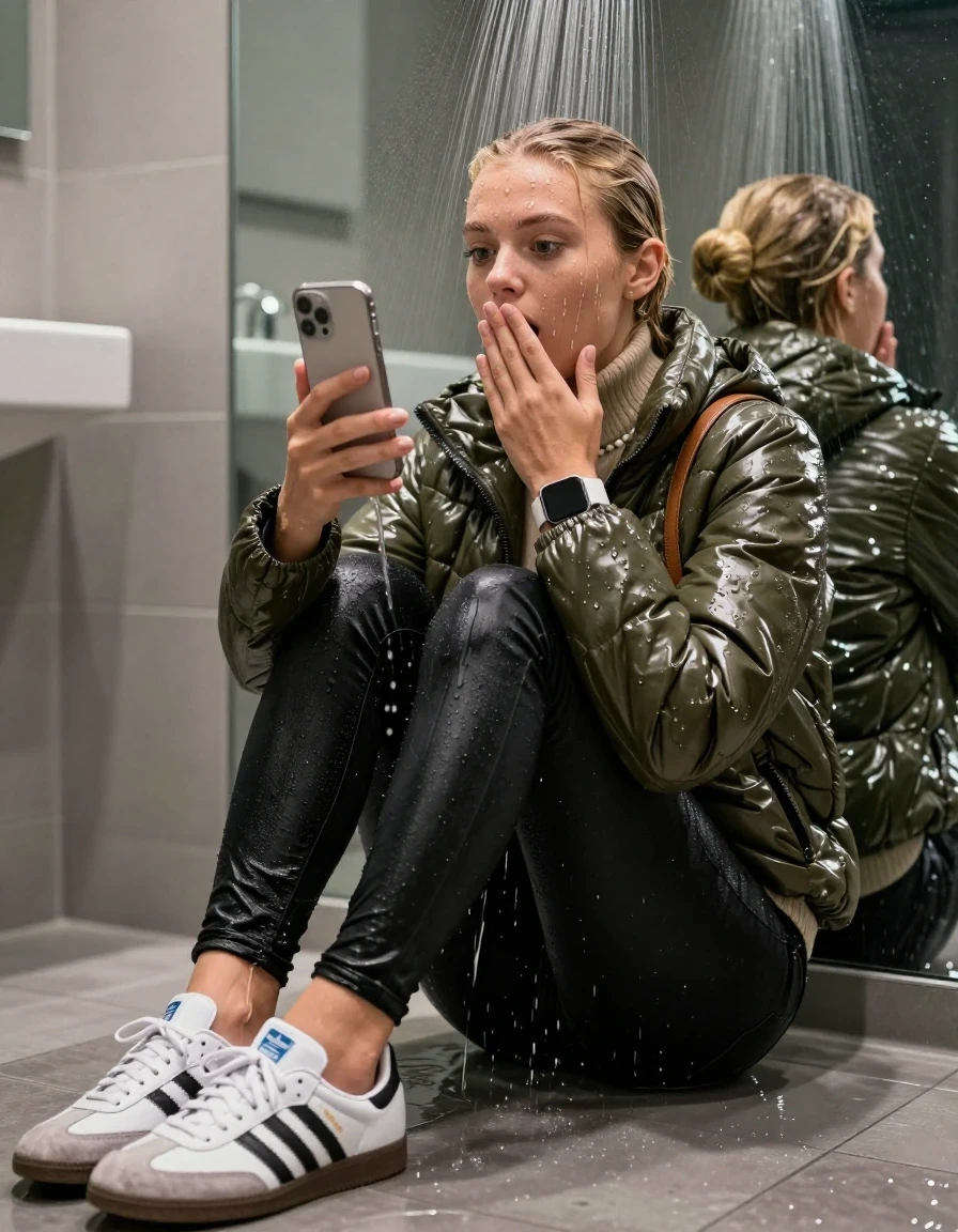 photo of young woman, in soaking wet, drenched clothes,
White sneakers from Adidas Samba black striped , glistening soaked tight black skinny jeans , Glistening soaked olive shiny Puffer down jacket from monclare, beige tight knit turtleneck sweater belly free, shoulderbag, pearl necklace, smartwatch , 15-year-old teenage Girl sitting directly under a heavy powerful stream of water directely under shower in a modern mirrored  bathroom, 
enjoying, wet clothes stuck to body,
detailed textures of the wet clothes, wet face, wet plastered hair,
wet, drenched, professional, high-quality details, full body view.
sharp focus, ultra-high pixel detail, realistic, high-quality, full colors, incredibly detailed, 4k, 8k, 16k, hyper-realistic, RAW photo, masterpiece, ultra-detailed, professionally color graded, professional photograph, Behind view: 15-year-old teenage girl. looking up.
wet plastered hair. Blonde sleek bun with water cascading down her face and neck. Surprised and astonished. Looking at camera. Hold one hand on mouth. pressed the knees together. Take a Selfie.

The Girls wear different clothes.

The lighting is bright and cinematic, highlighting the glistening water droplets on her skin and the saturated texture of her clothes.

her clothes are heavy from the water, water runs from her body and her clothes in streams. A lot of water also runs out of her clothes. Her clothes are darkened by the water. Her submerged clothes are clinging wet. 
soft atmospheric lighting reflecting off the surface, cinematic medium shot, hyper-realistic wetness, high-contrast water sheen, 8k resolution, sharp focus, detailed skin texture., wet skin, wet clothes, damp fabric,, wet skin, wet clothes, damp fabric, wet skin, wet clothes, damp fabric, wet skin, wet clothes, damp fabric, wet skin, wet clothes, damp fabric, wet skin, wet clothes, damp fabric, wet skin, wet clothes, damp fabric, wet skin, wet clothes, damp fabric, wet skin, wet clothes, damp fabric, wet skin, wet clothes, damp fabric, wet skin, wet clothes, damp fabric, wet skin, wet clothes, damp fabric, wet skin, wet clothes, damp fabric, wet skin, wet clothes, damp fabric