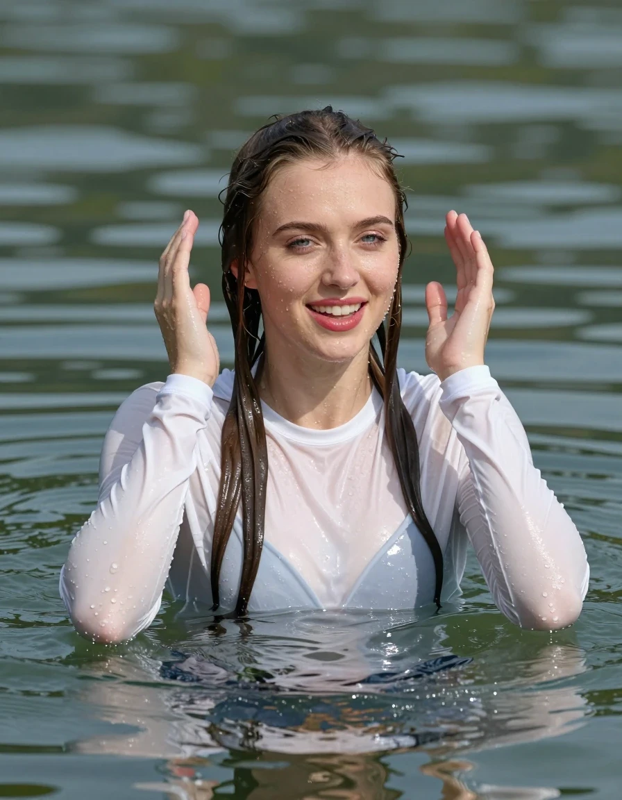 photo of young woman, in soaking wet, drenched clothes,
White longsleeves, Swimming in lake, 
enjoying, wet clothes stuck to body,
detailed textures of the wet clothes, wet face, wet plastered hair,
wet, drenched, professional, high-quality details, full body view.
sharp focus, ultra-high pixel detail, realistic, high-quality, full colors, incredibly detailed, 4k, 8k, 16k, hyper-realistic, RAW photo, masterpiece, ultra-detailed, professionally color graded, professional photograph, Young girl swimming submerged up of shoulders in lake smiling, upping hands, blue eyes, long hair, red lipstick, wet skin, wet clothes, damp fabric