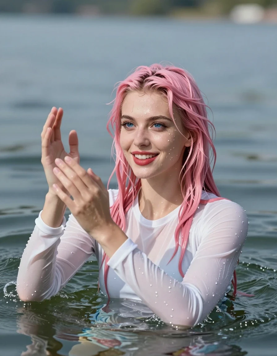 photo of young woman, in soaking wet, drenched clothes,
White longsleeves, Swimming in lake, 
enjoying, wet clothes stuck to body,
detailed textures of the wet clothes, wet face, wet plastered hair,
wet, drenched, professional, high-quality details, full body view.
sharp focus, ultra-high pixel detail, realistic, high-quality, full colors, incredibly detailed, 4k, 8k, 16k, hyper-realistic, RAW photo, masterpiece, ultra-detailed, professionally color graded, professional photograph, Young girl swimming totally submerged up of shoulders in lake smiling, upping hands, blue eyes, long pink hair, red lipstick, wet skin, wet clothes, damp fabric